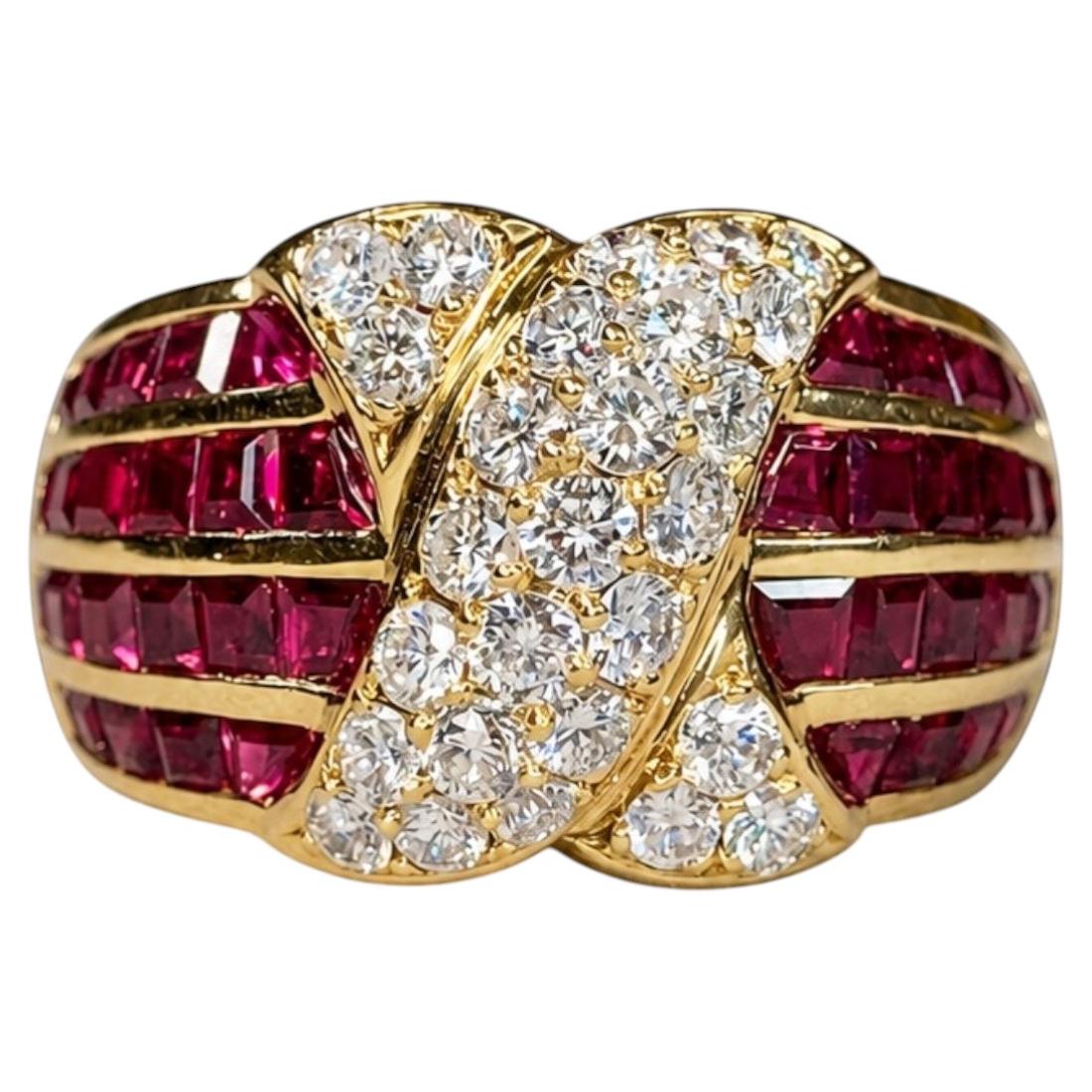Estate 1990’s 18K Yellow Gold Diamond X Channel Set Ruby Cocktail Ring