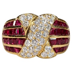 Estate 1990’s 18K Yellow Gold Diamond X Channel Set Ruby Cocktail Ring