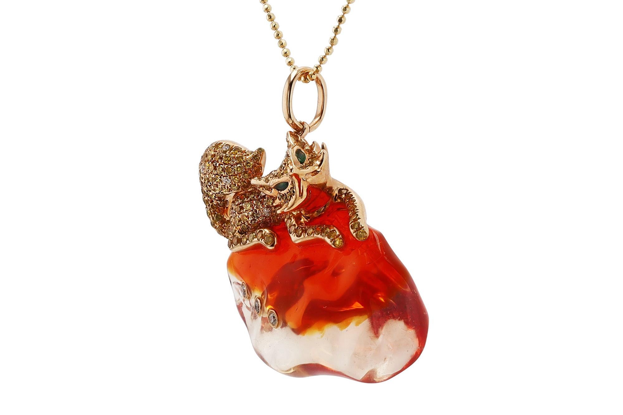 Modern Estate 19.95 Carat Mexican Fire Opal Fox Pendant Necklace For Sale