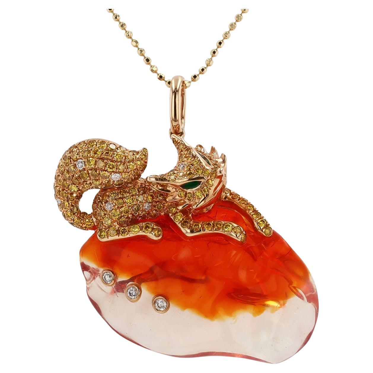 Estate 19.95 Carat Mexican Fire Opal Fox Pendant Necklace For Sale
