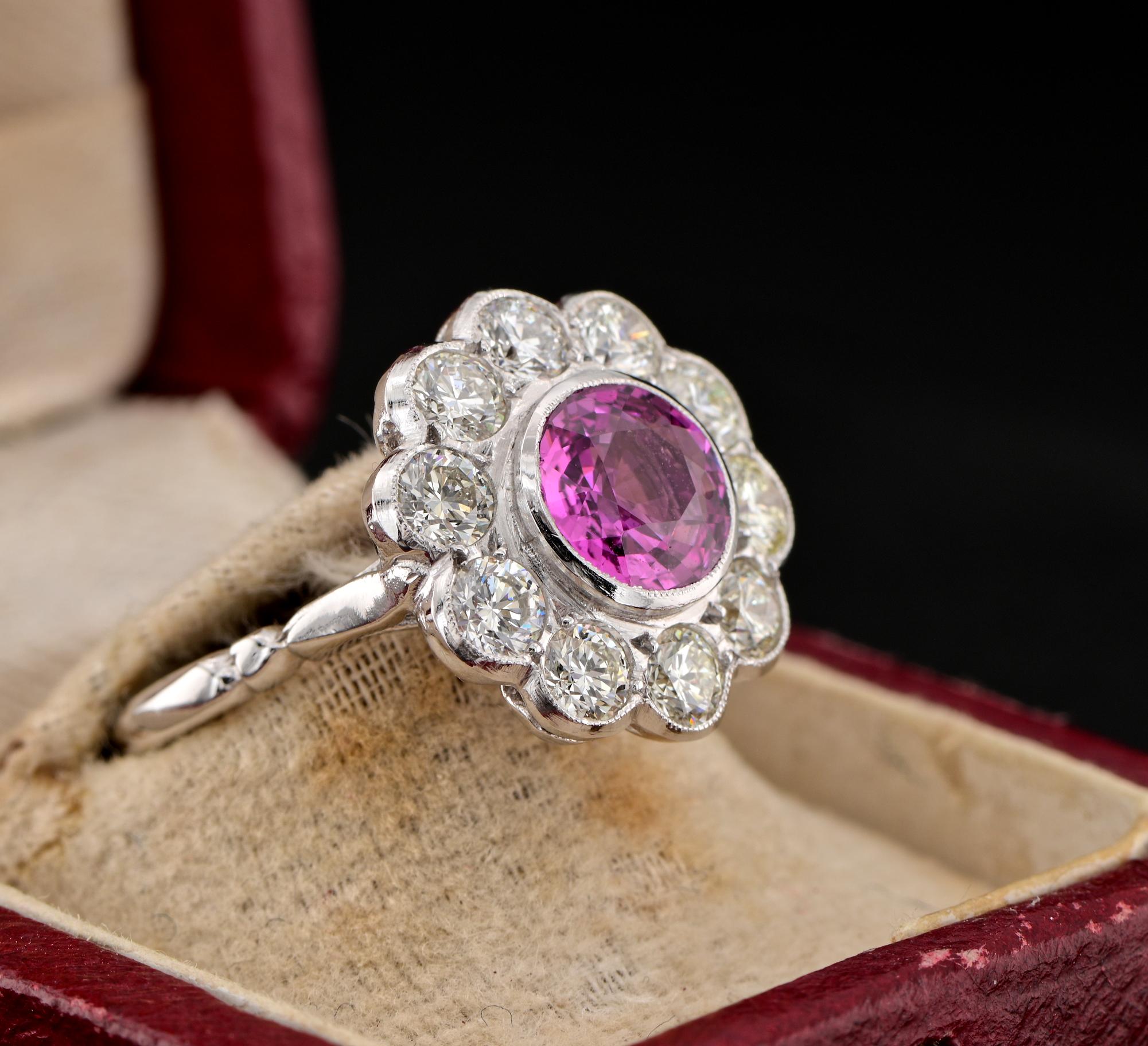 Nachlass 2,0 Karat natürlicher rosa Saphir 1,80 Karat Diamant Platinring (Zeitgenössisch) im Angebot