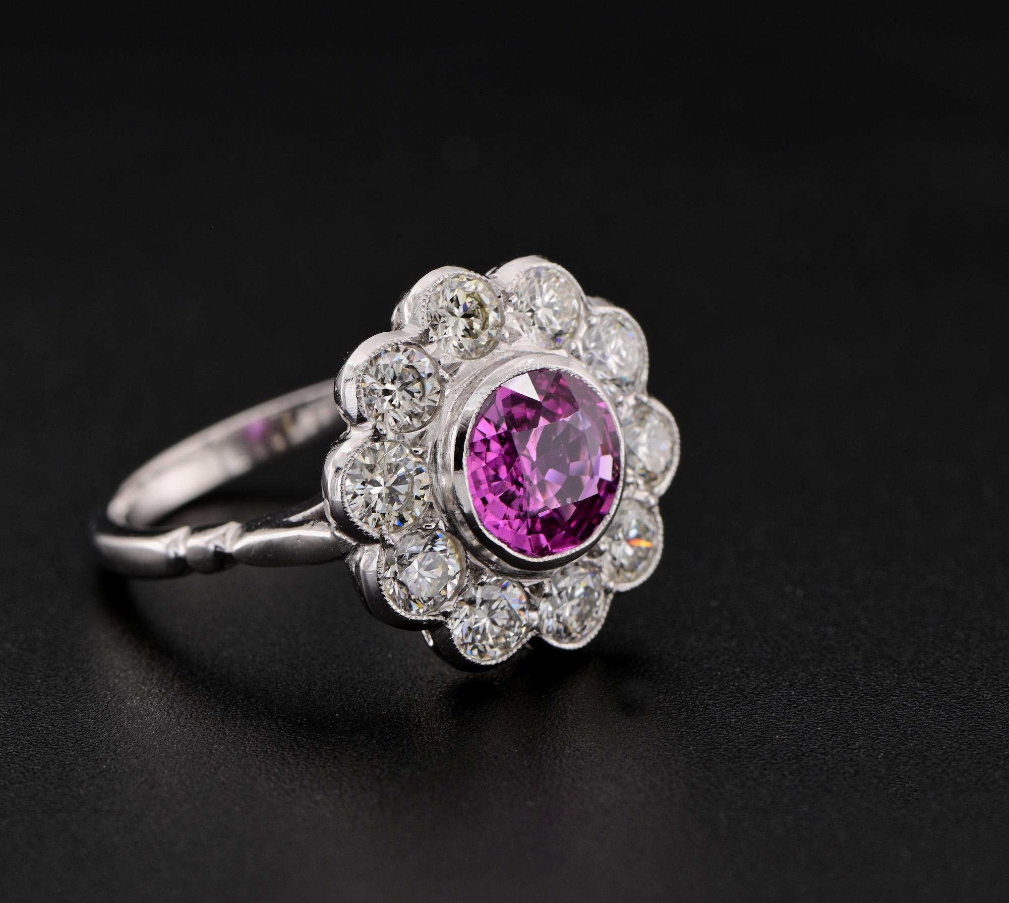 Round Cut Estate 2.0 Ct Natural Pink Sapphire 1.80 Ct Diamond Platinum ring For Sale