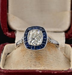 Estate 2.10 Ct. Antique certified Cushion Diamond Sapphire Halo Engagement Ring