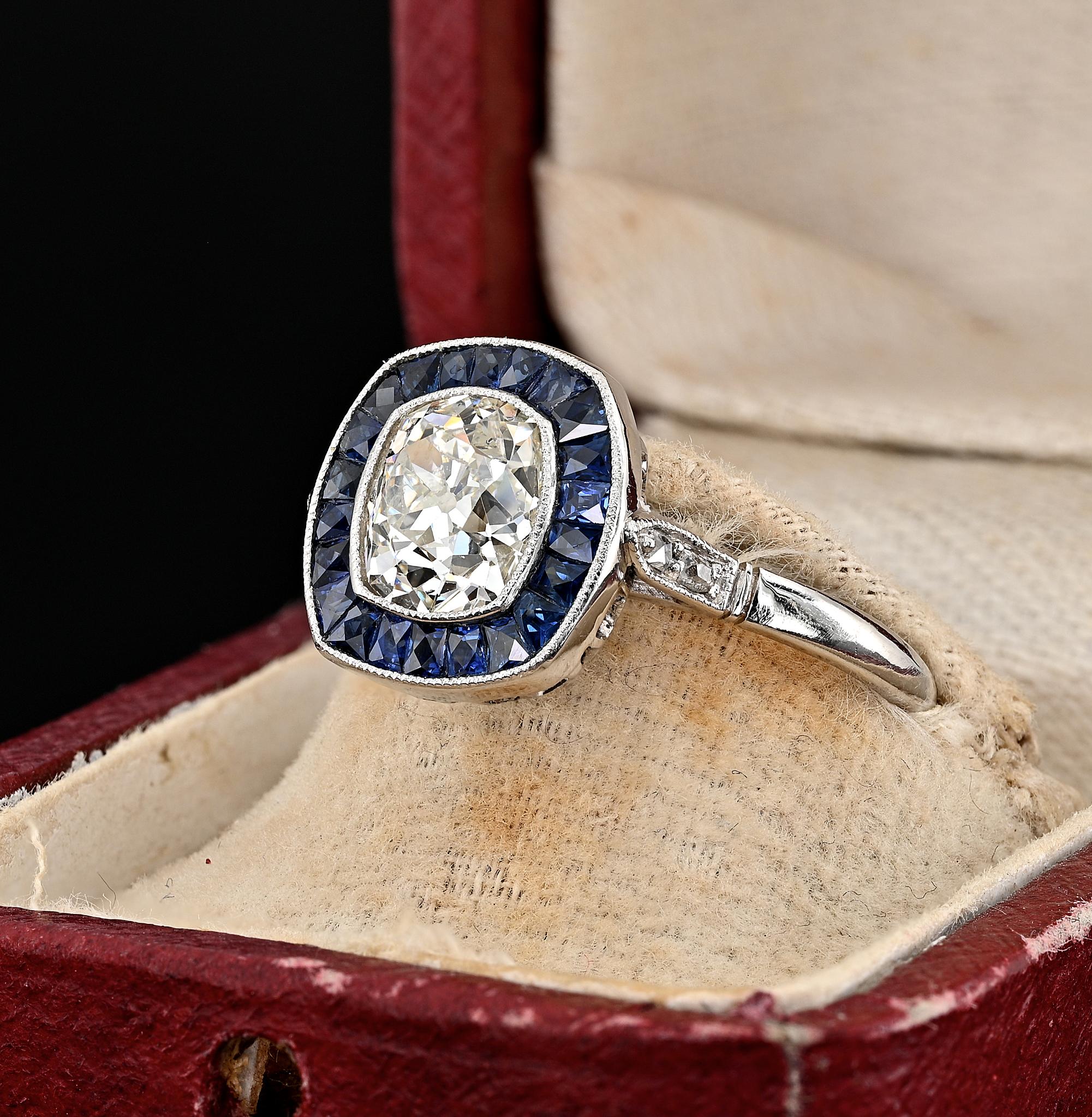 Contemporary Estate 2.10 Ct. Antique Cushion Diamond Sapphire Halo Engagement Ring For Sale