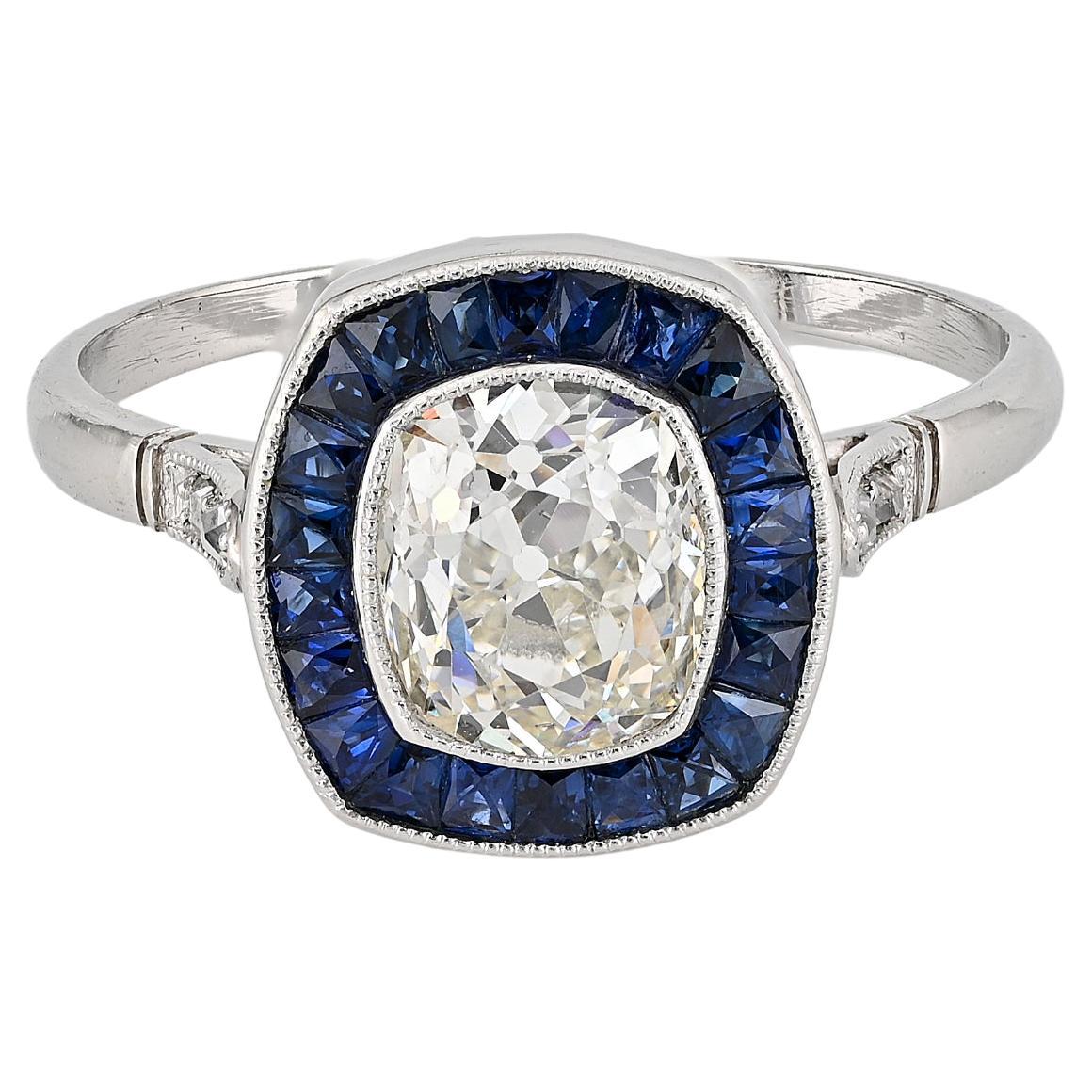 Estate 2.10 Ct. Antique Cushion Diamond Sapphire Halo Engagement Ring For Sale