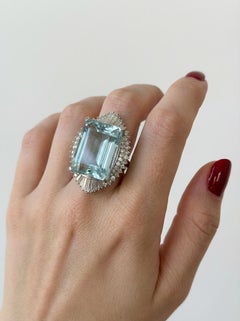 Estate 21.25CTW Aquamarine Diamond Platinum Ballerina Cocktail Ring