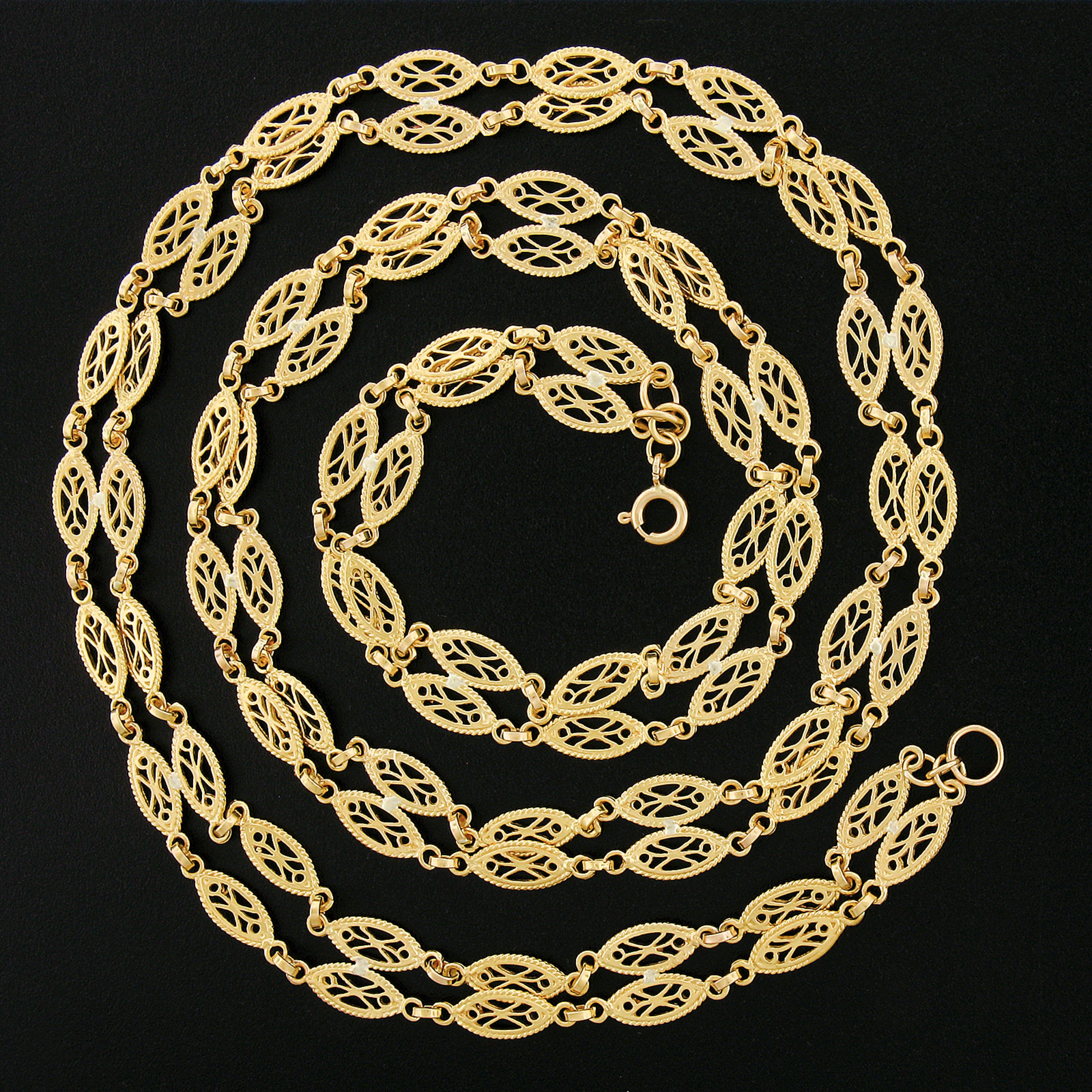 Estate 21k Yellow Gold Dual Fancy Navette Marquise Filigree Link Chain Necklace In Excellent Condition For Sale In Montclair, NJ