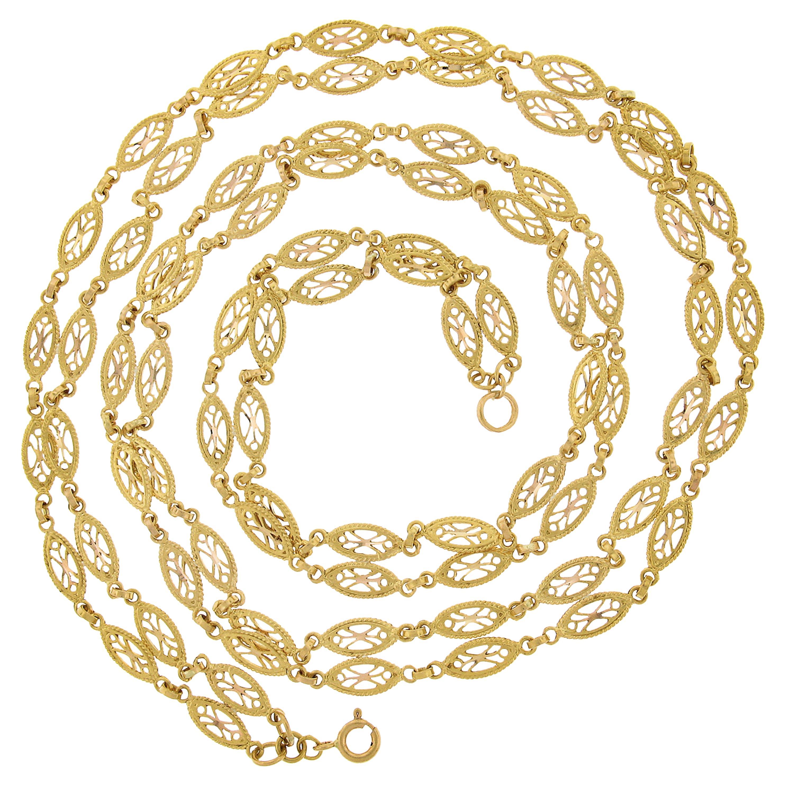 Estate 21k Yellow Gold Dual Fancy Navette Marquise Filigree Link Chain Necklace For Sale