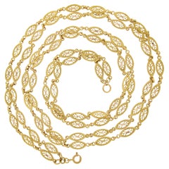 Retro Estate 21k Yellow Gold Dual Fancy Navette Marquise Filigree Link Chain Necklace