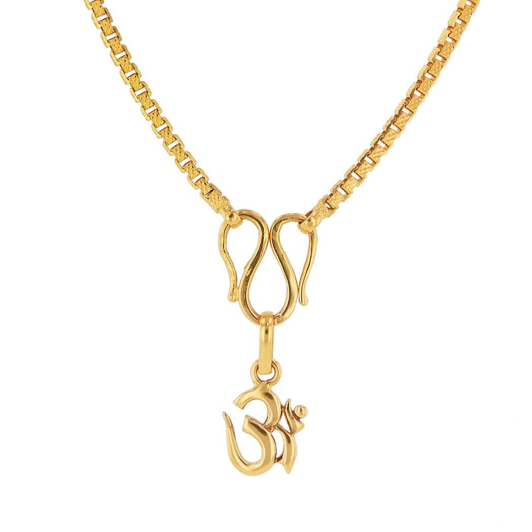 Let this stunning 22 karat yellow gold textured box link chain necklace with OM pendant take your worries away. 

The Om (or Aum) is a sacred sound, syllable, mantra, and an invocation in Hinduism. Its written representation is one of the most