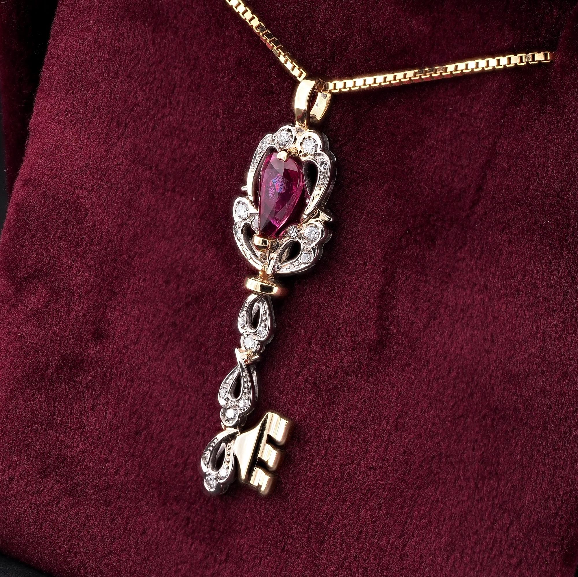 Pear Cut Estate 2.20 Ct. Natural Ruby Diamond Key Pendant Necklace 18 KT For Sale