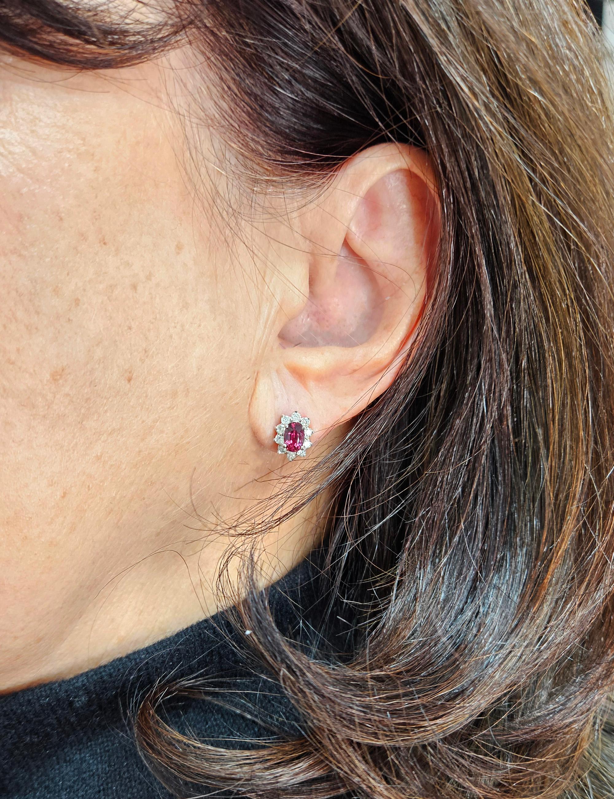 Estate 2.20ctw Oval  RUBY & Diamonds 14K White Gold Cluster Post Stud  Earrings For Sale 4
