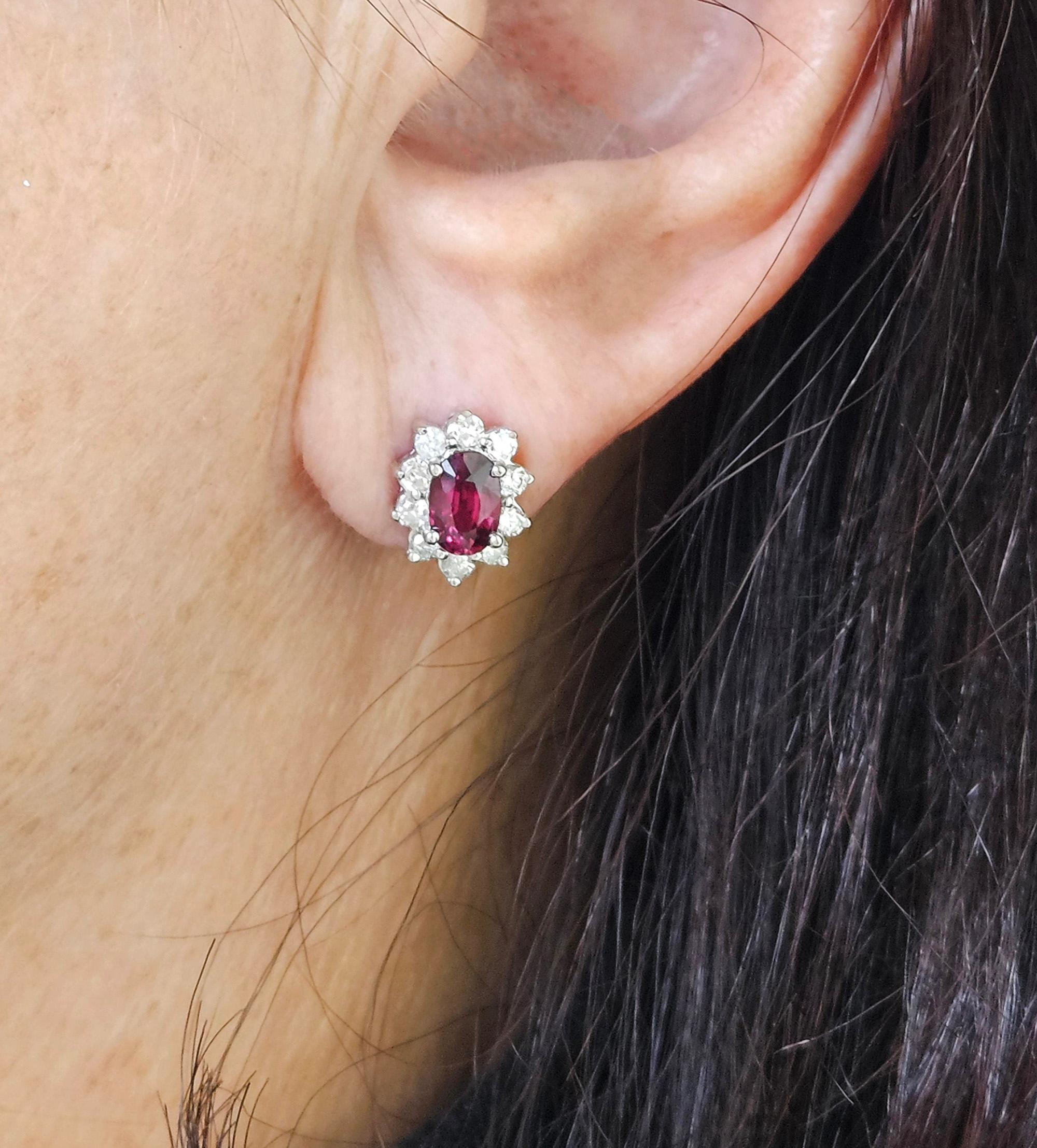 Estate 2.20ctw Oval  RUBY & Diamonds 14K White Gold Cluster Post Stud  Earrings For Sale 5