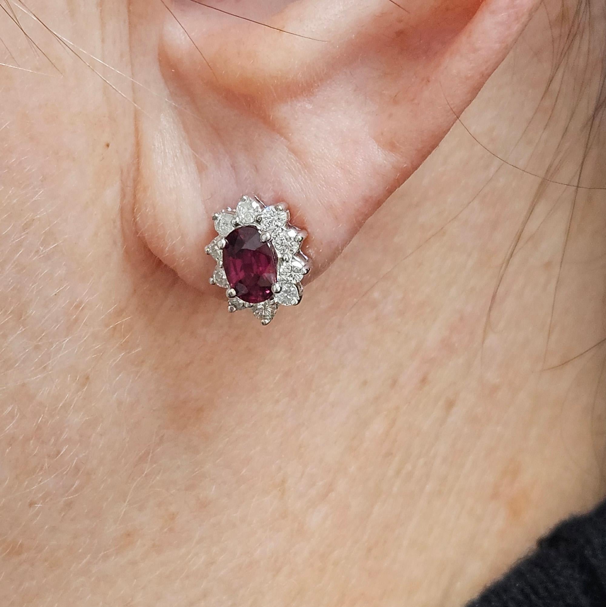 Estate 2.20ctw Oval  RUBY & Diamonds 14K White Gold Cluster Post Stud  Earrings For Sale 6