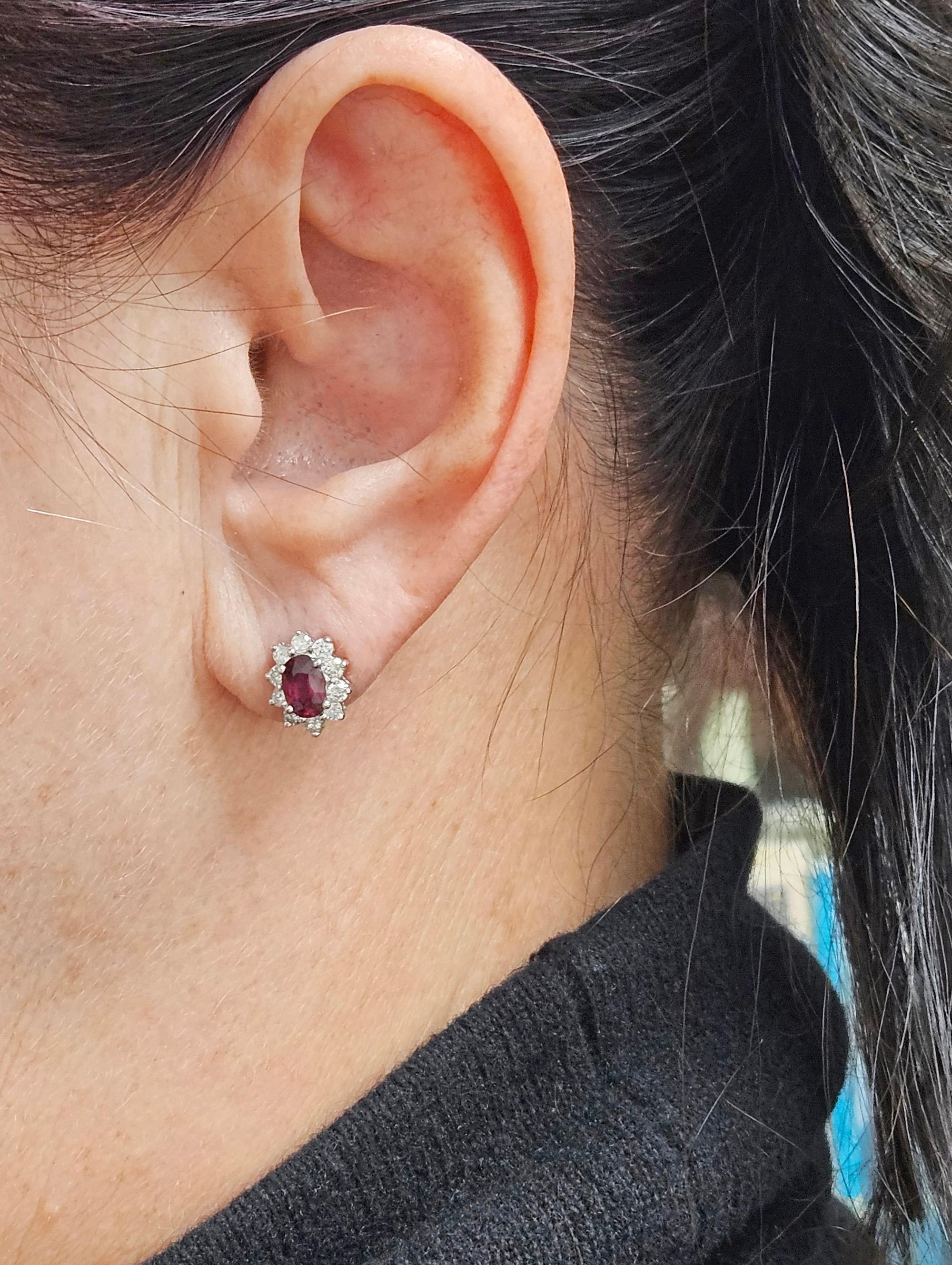 Estate 2.20ctw Oval  RUBY & Diamonds 14K White Gold Cluster Post Stud  Earrings For Sale 7