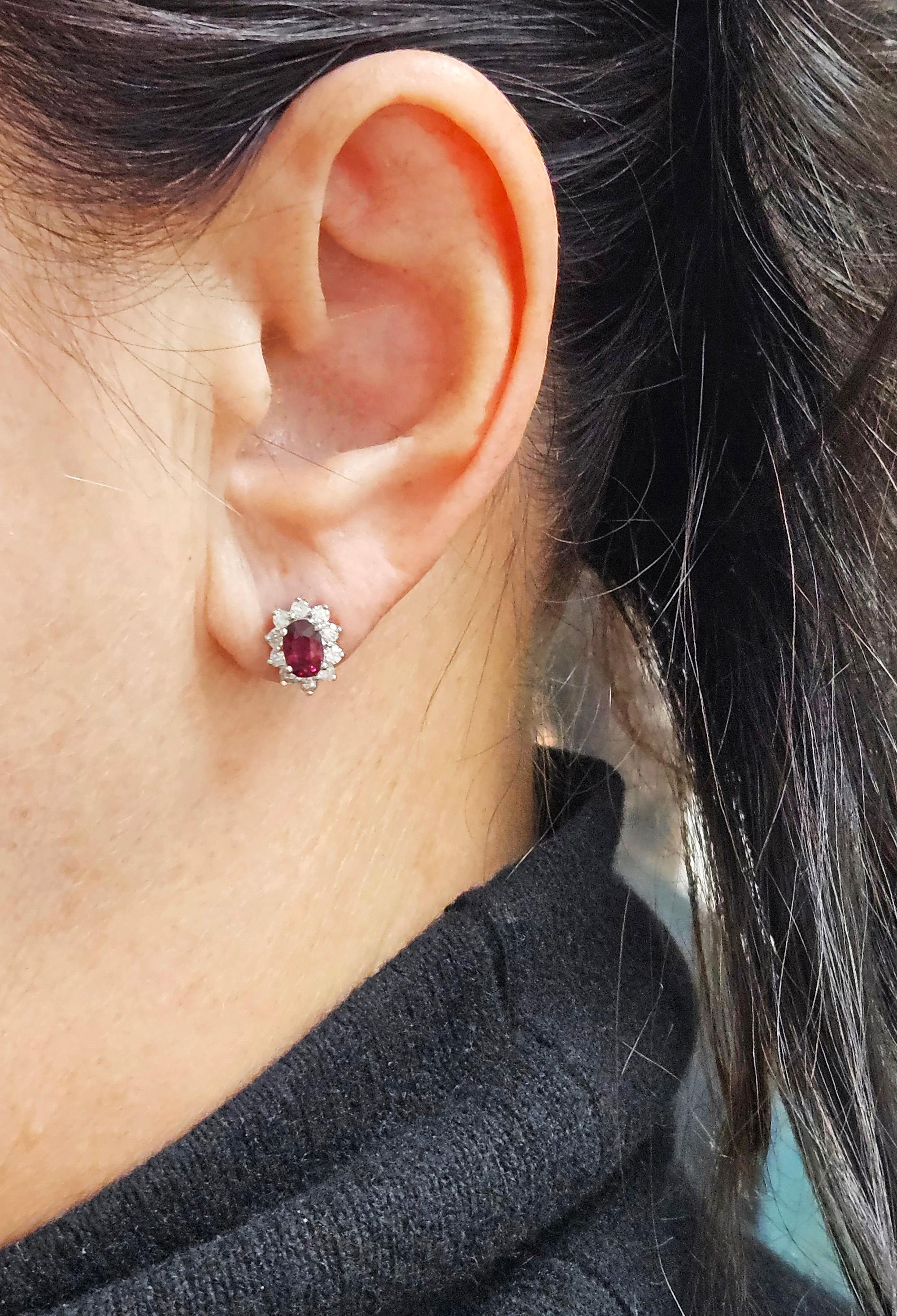 Estate 2.20ctw Oval  RUBY & Diamonds 14K White Gold Cluster Post Stud  Earrings For Sale 8