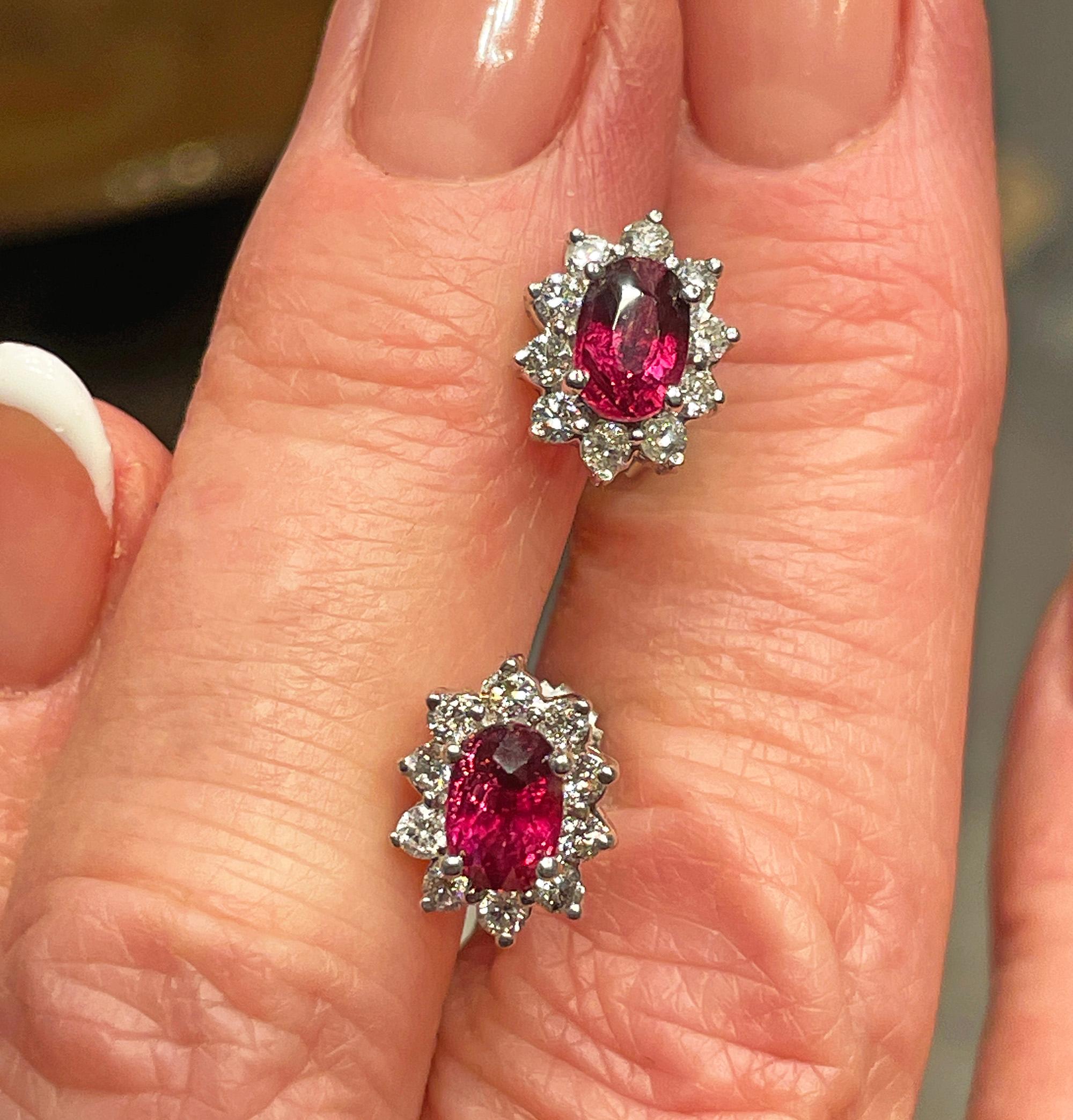 Estate 2.20ctw Oval  RUBY & Diamonds 14K White Gold Cluster Post Stud  Earrings For Sale 9