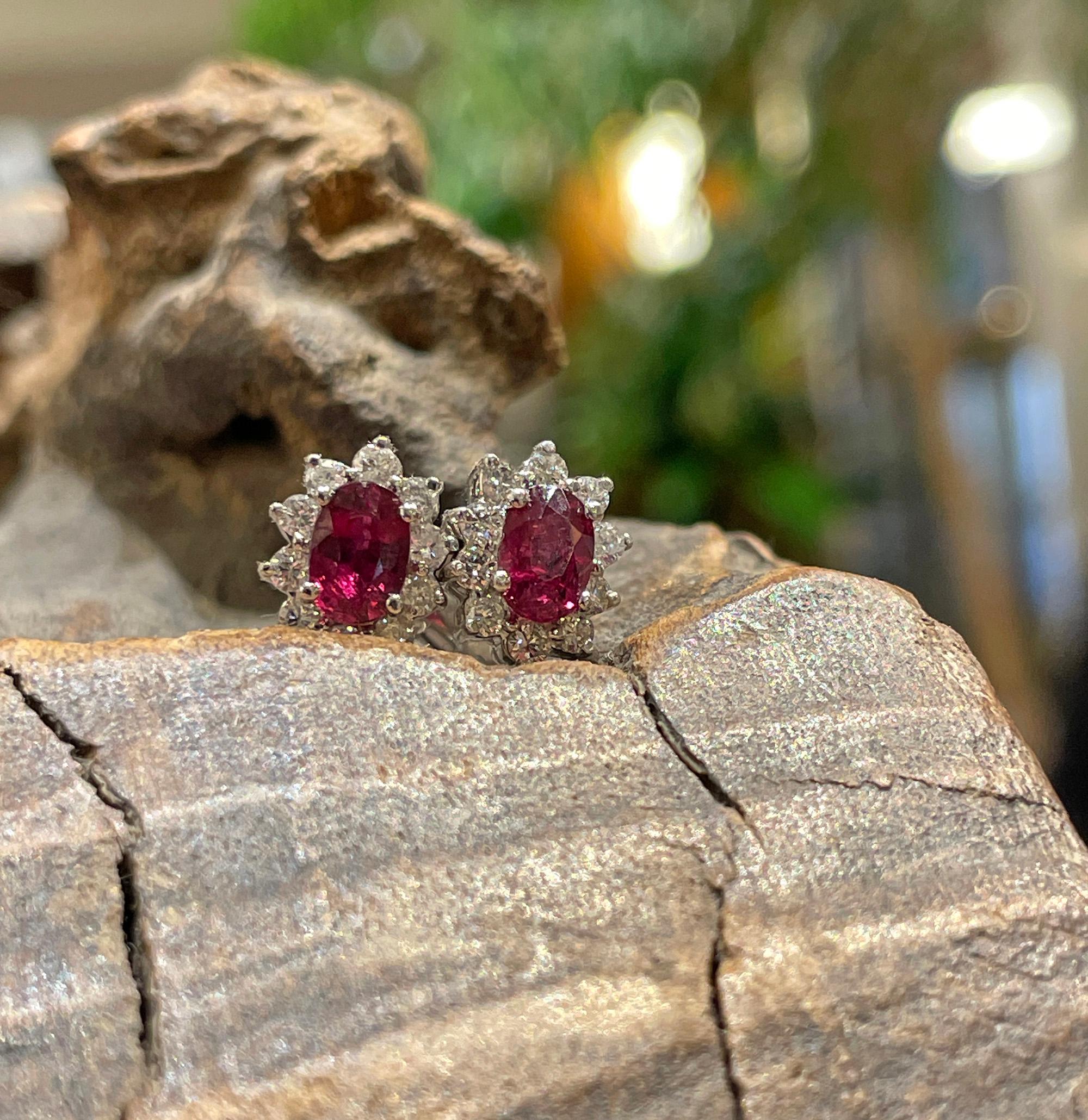Estate 2.20ctw Oval  RUBY & Diamonds 14K White Gold Cluster Post Stud  Earrings For Sale 10