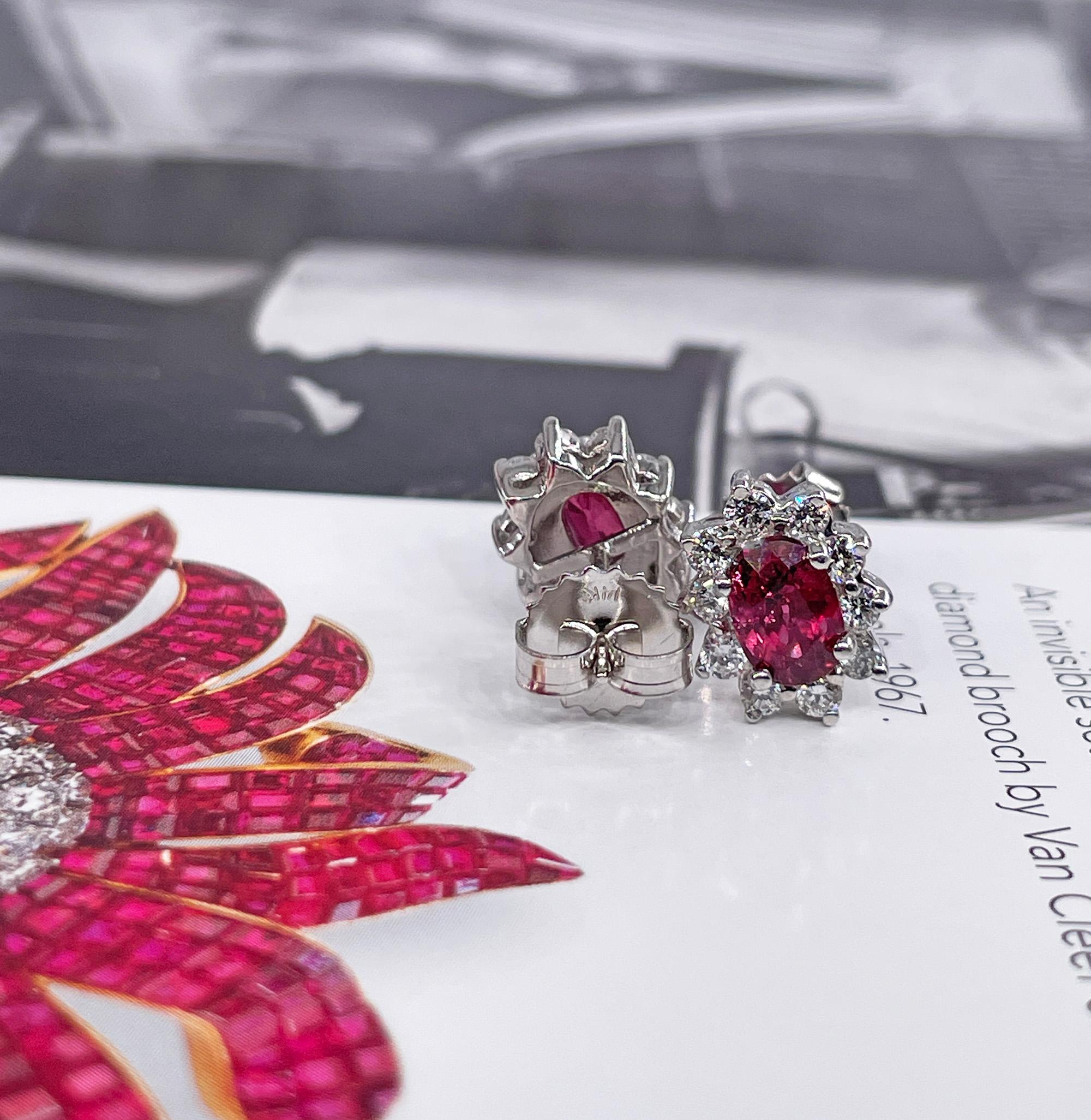 Estate 2.20ctw Oval  RUBY & Diamonds 14K White Gold Cluster Post Stud  Earrings For Sale 12