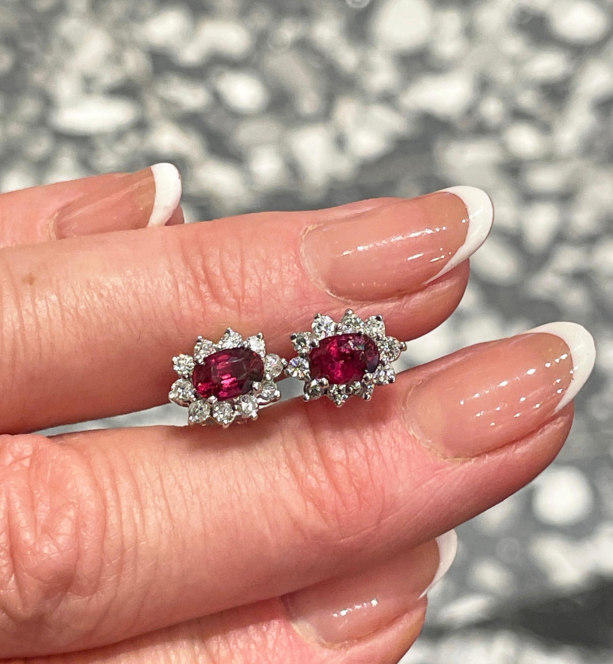 Estate 2.20ctw Oval  RUBY & Diamonds 14K White Gold Cluster Post Stud  Earrings For Sale 13