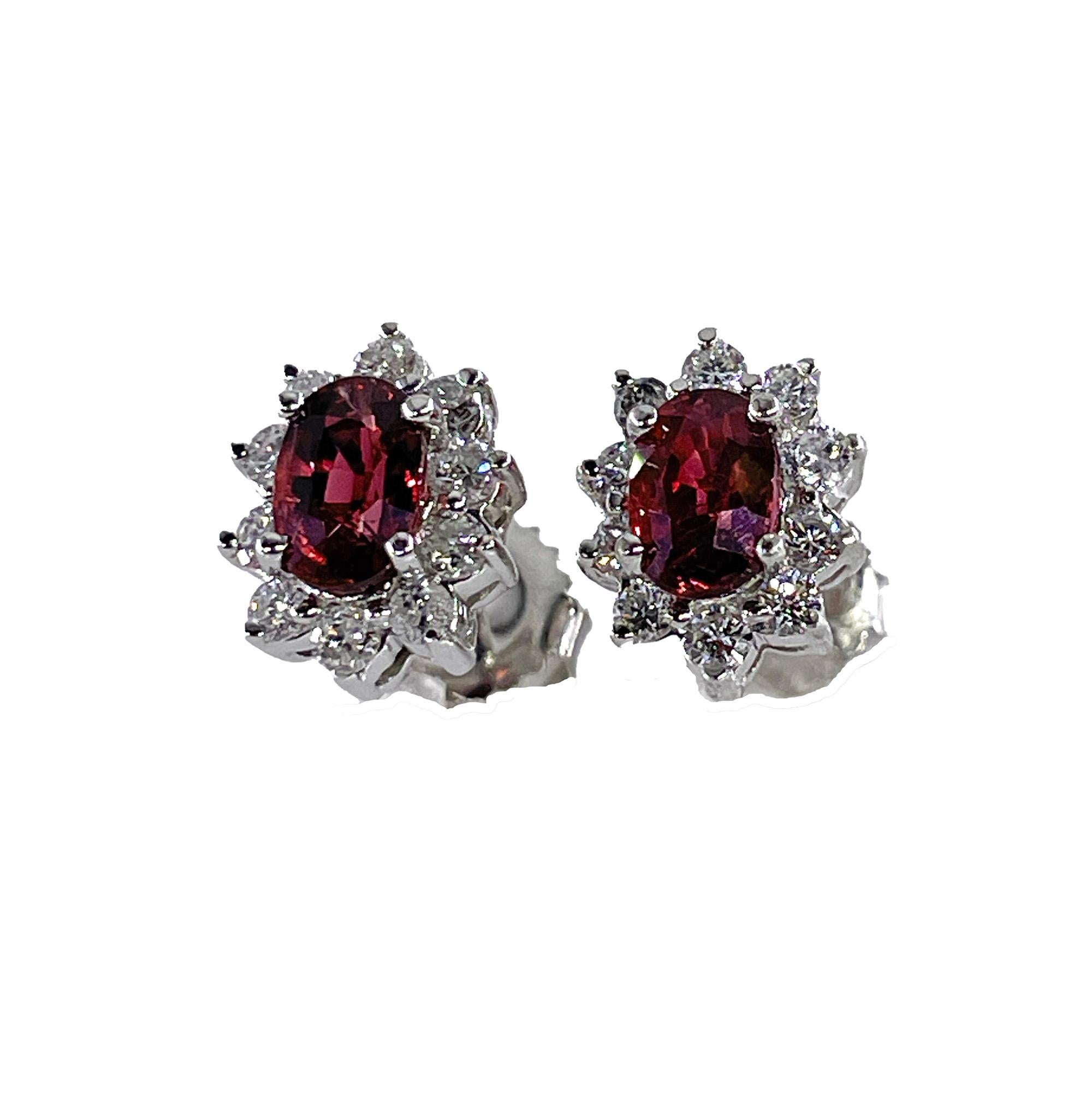 Timeless Vintage Cluster 2.20ctw Oval Red RUBY & Diamonds 14K White Gold Estate Stud Post Earrings, Ear Pendants.
This Vintage Pair of Stud-Earrings will take your breath away! From our Estate Gemstone Collection. Be in your work or evening attire,