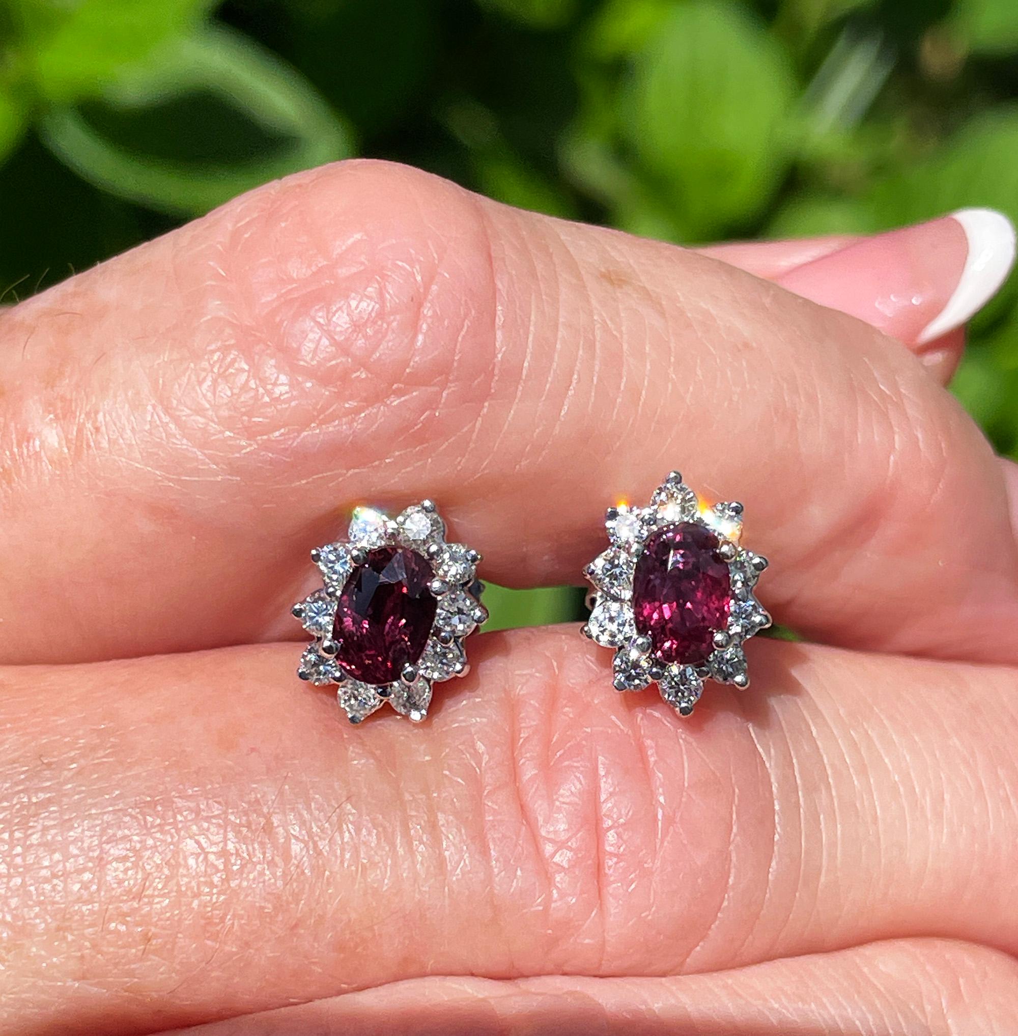 Estate 2.20ctw Oval  RUBY & Diamonds 14K White Gold Cluster Post Stud  Earrings For Sale 14
