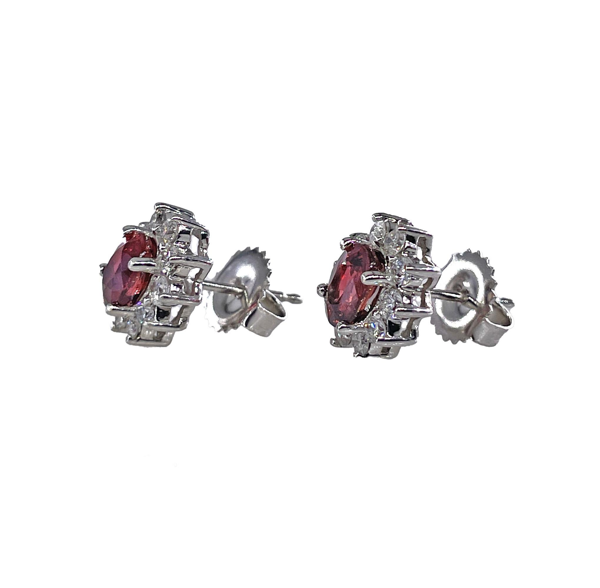 Modern Estate 2.20ctw Oval  RUBY & Diamonds 14K White Gold Cluster Post Stud  Earrings For Sale