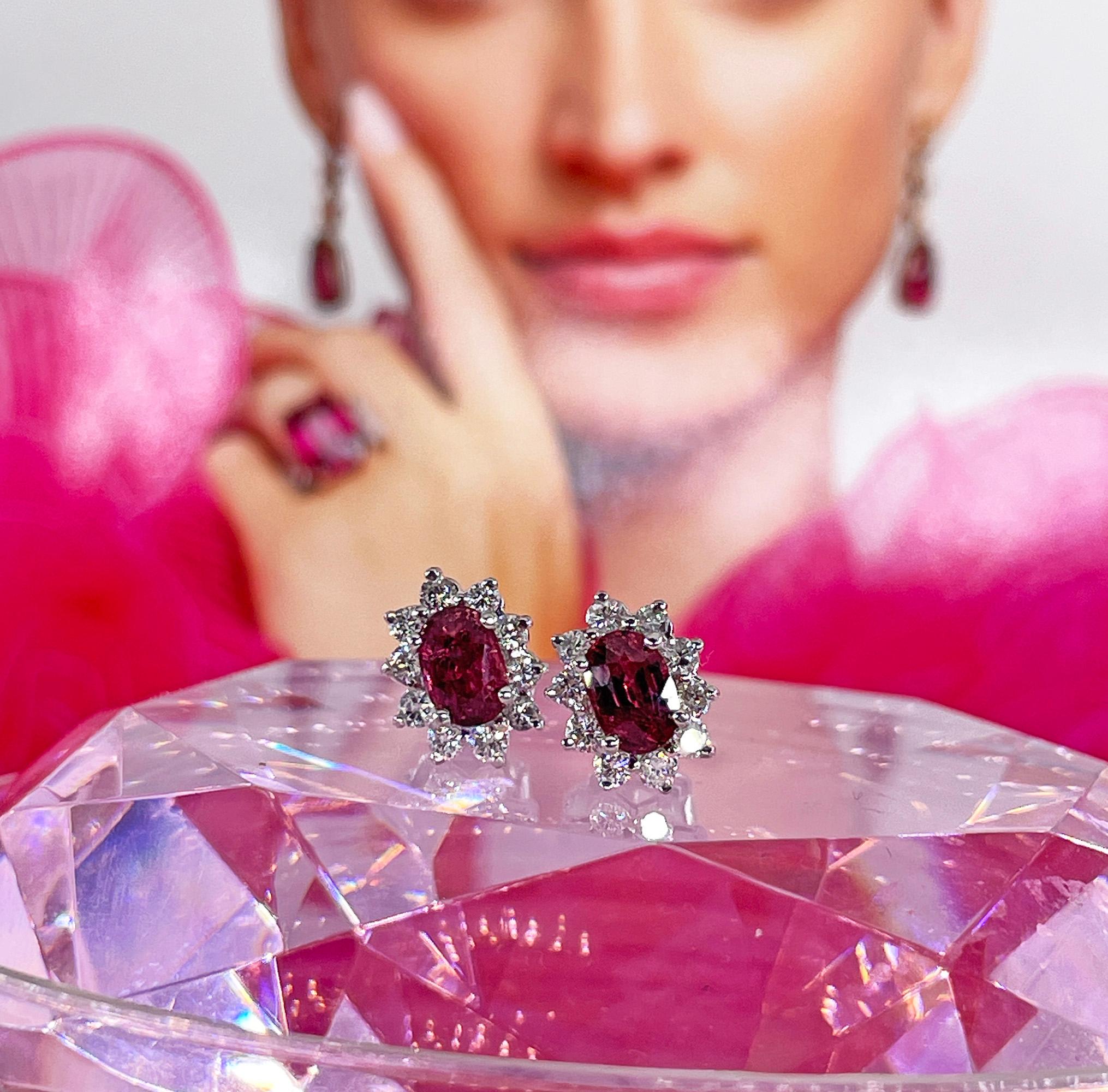 Women's Estate 2.20ctw Oval  RUBY & Diamonds 14K White Gold Cluster Post Stud  Earrings For Sale