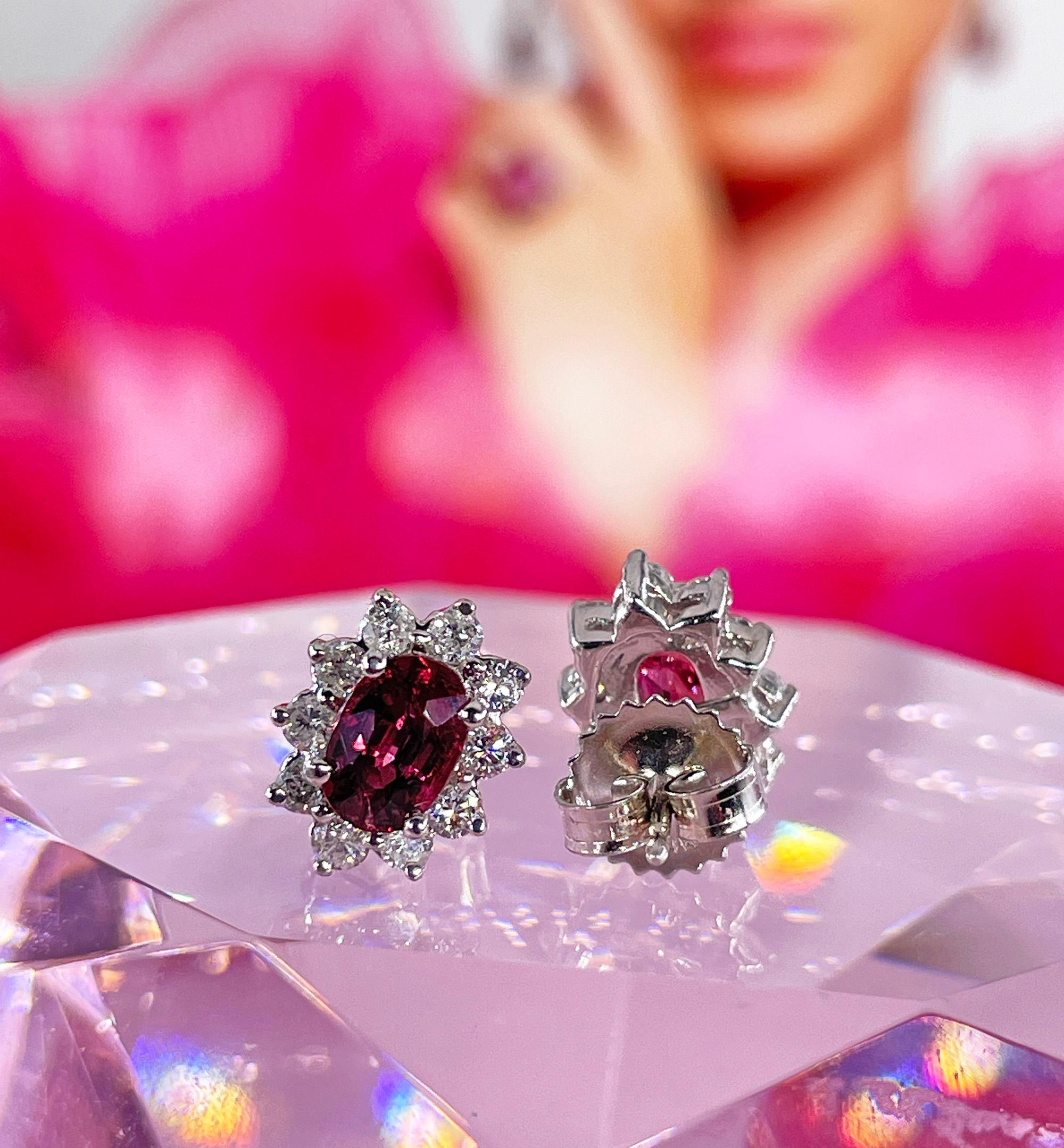 Estate 2.20ctw Oval  RUBY & Diamonds 14K White Gold Cluster Post Stud  Earrings For Sale 1