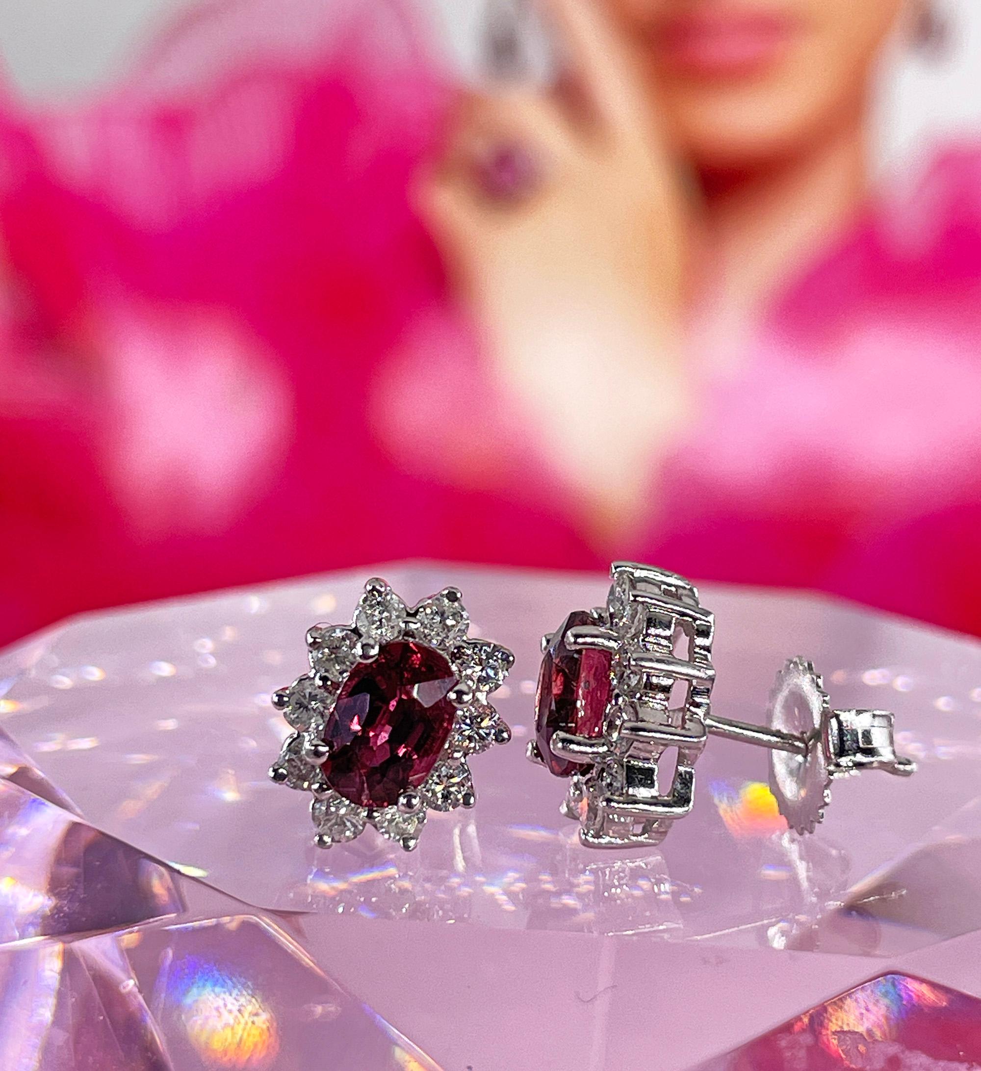 Estate 2.20ctw Oval  RUBY & Diamonds 14K White Gold Cluster Post Stud  Earrings For Sale 2