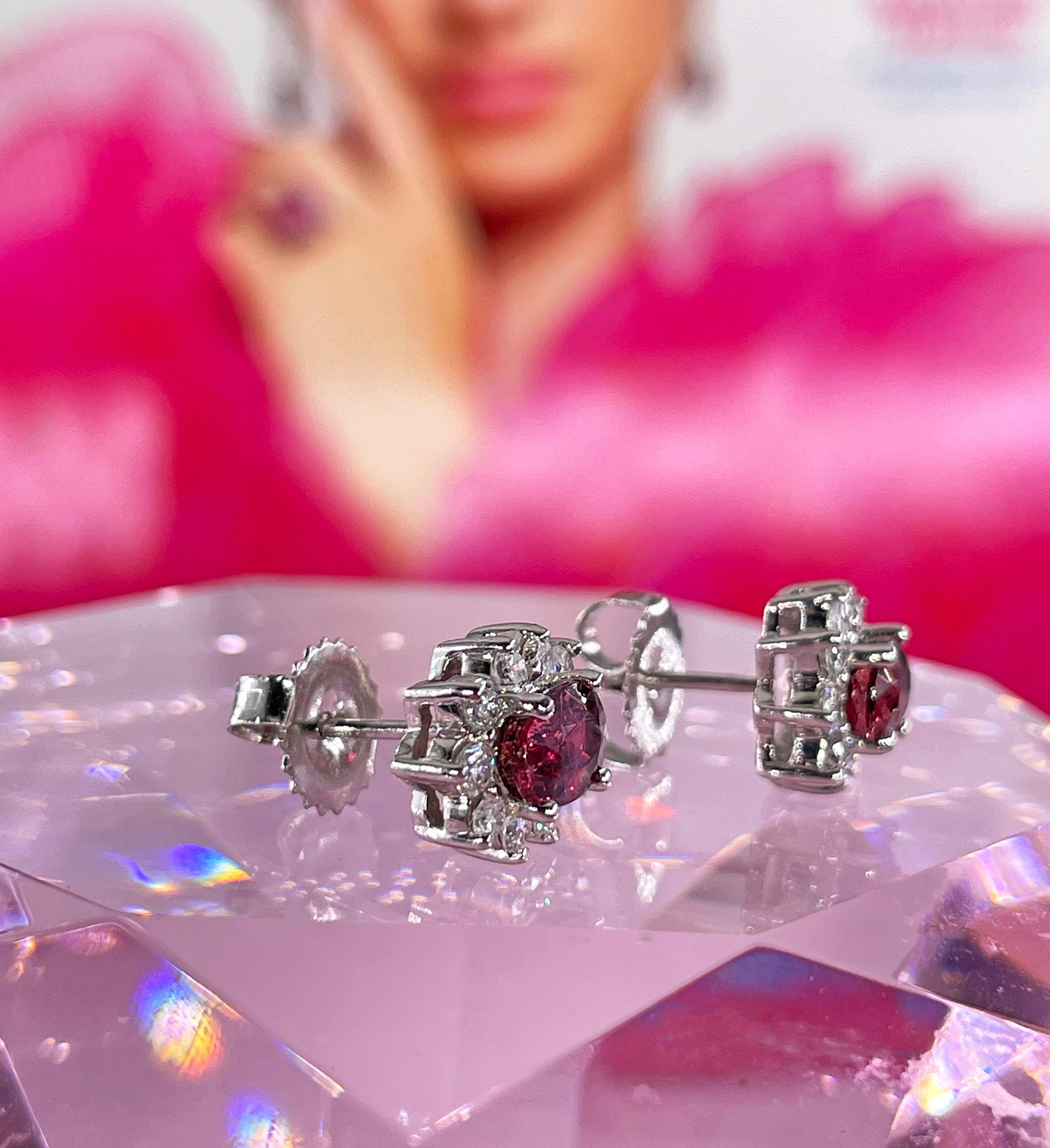 Estate 2.20ctw Oval  RUBY & Diamonds 14K White Gold Cluster Post Stud  Earrings For Sale 3