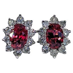 Estate 2.20ctw Oval  RUBY & Diamonds 14K White Gold Cluster Post Stud  Earrings