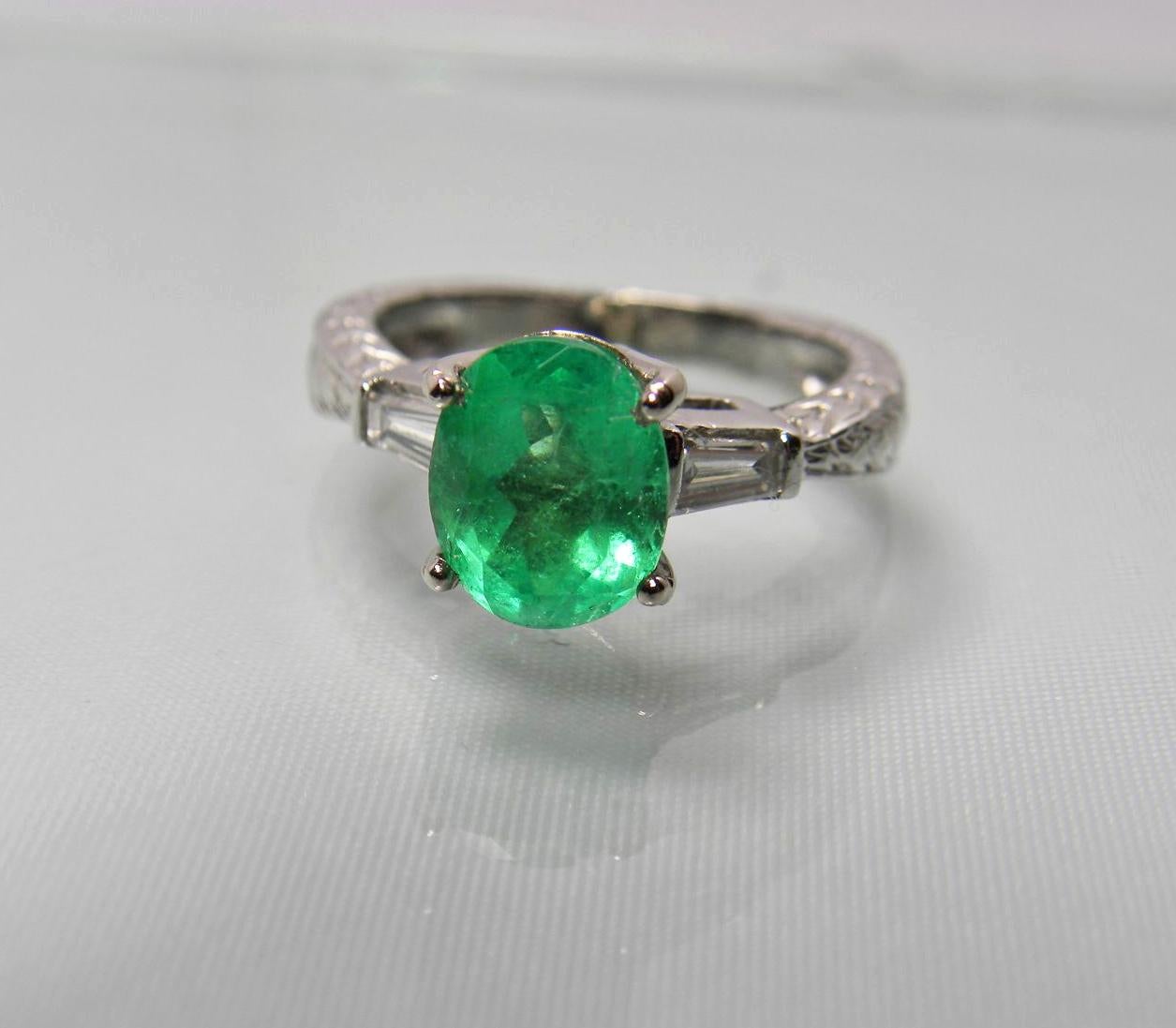 Art Deco Estate 2.21 Carat Vintage Emerald Diamond Ring Platinum and 18 Karat Gold