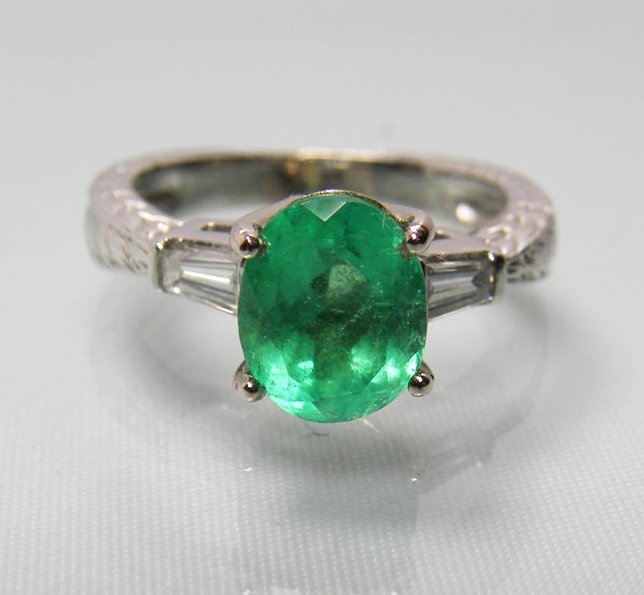 Women's Estate 2.21 Carat Vintage Emerald Diamond Ring Platinum and 18 Karat Gold