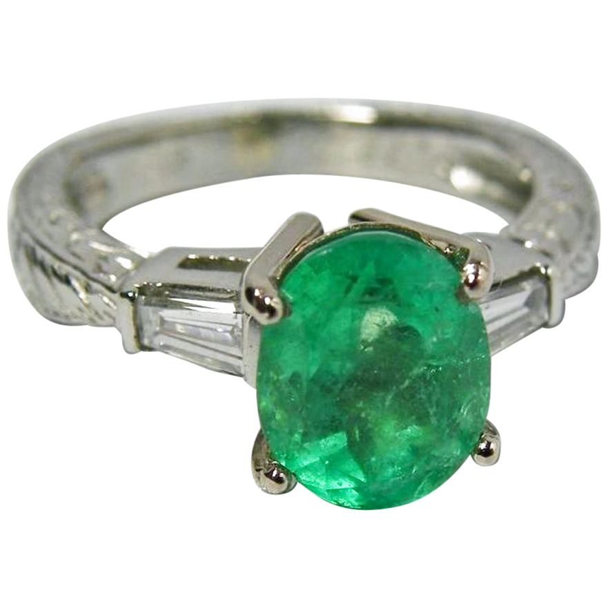 Estate 2.21 Carat Vintage Emerald Diamond Ring Platinum and 18 Karat Gold