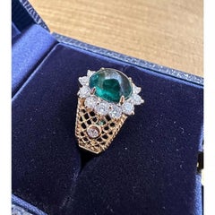Estate 2.27 carat Emerald Cabochon with Diamond Halo in 18k Yellow Gold