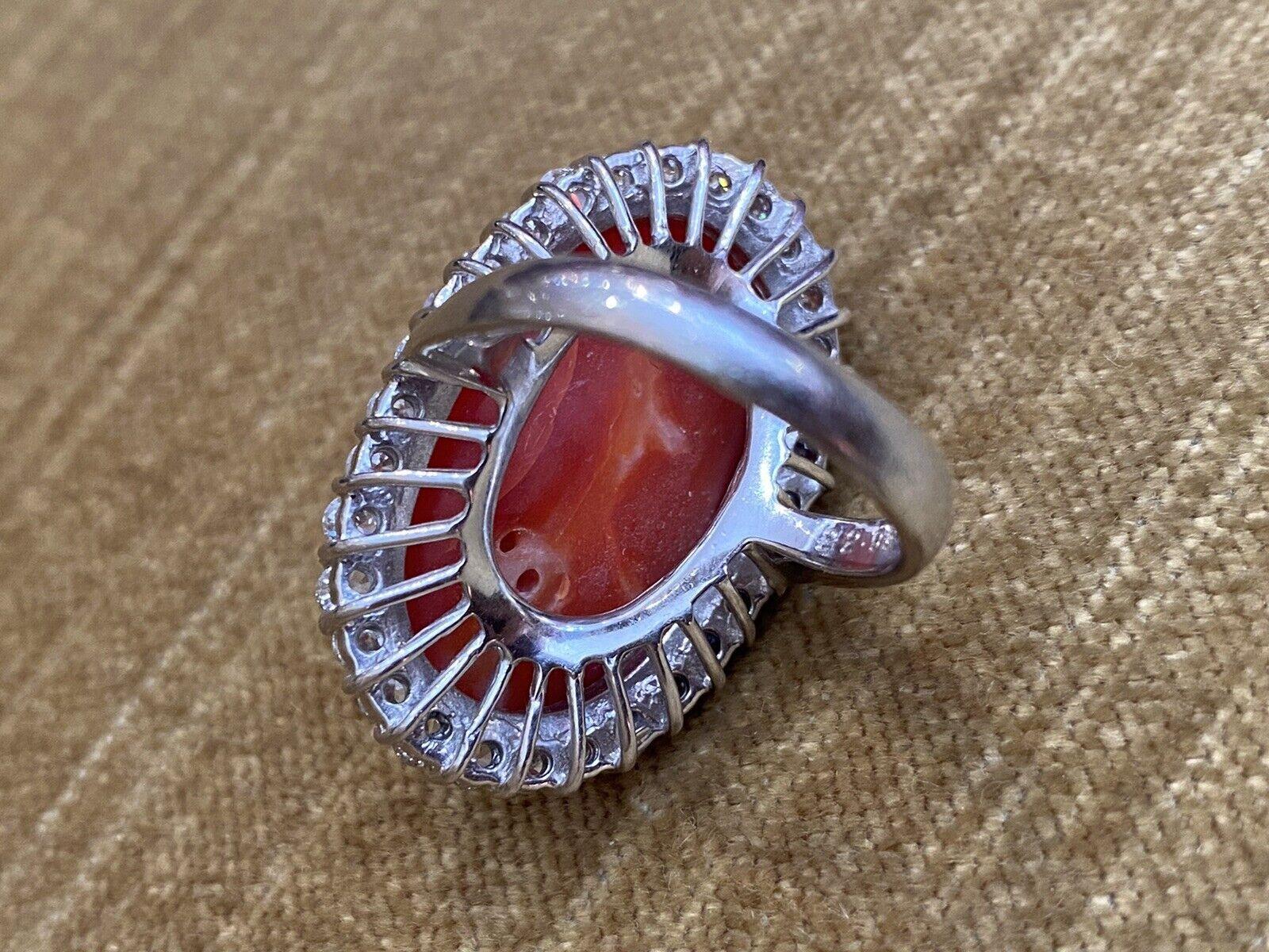 Estate 22.95 carats Red Coral and Diamond Large Cocktail Ring in Platinum In Excellent Condition For Sale In La Jolla, CA