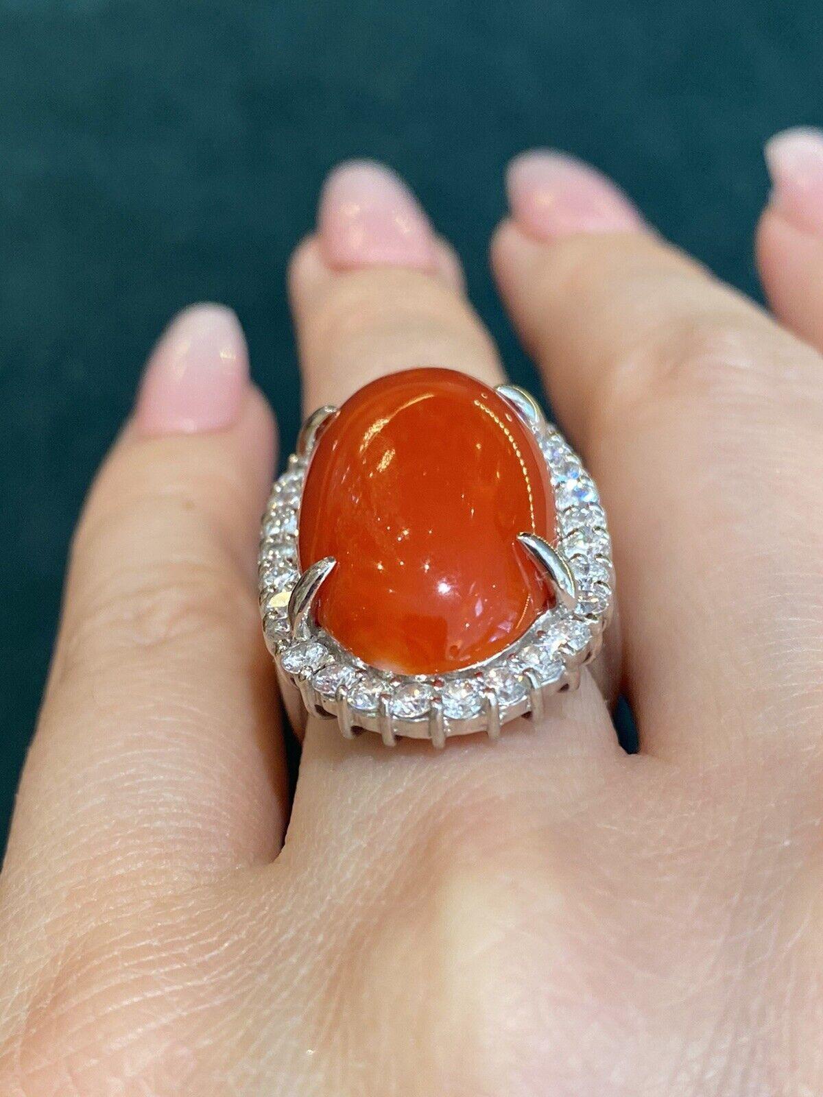 Estate 22.95 carats Red Coral and Diamond Large Cocktail Ring in Platinum For Sale 2