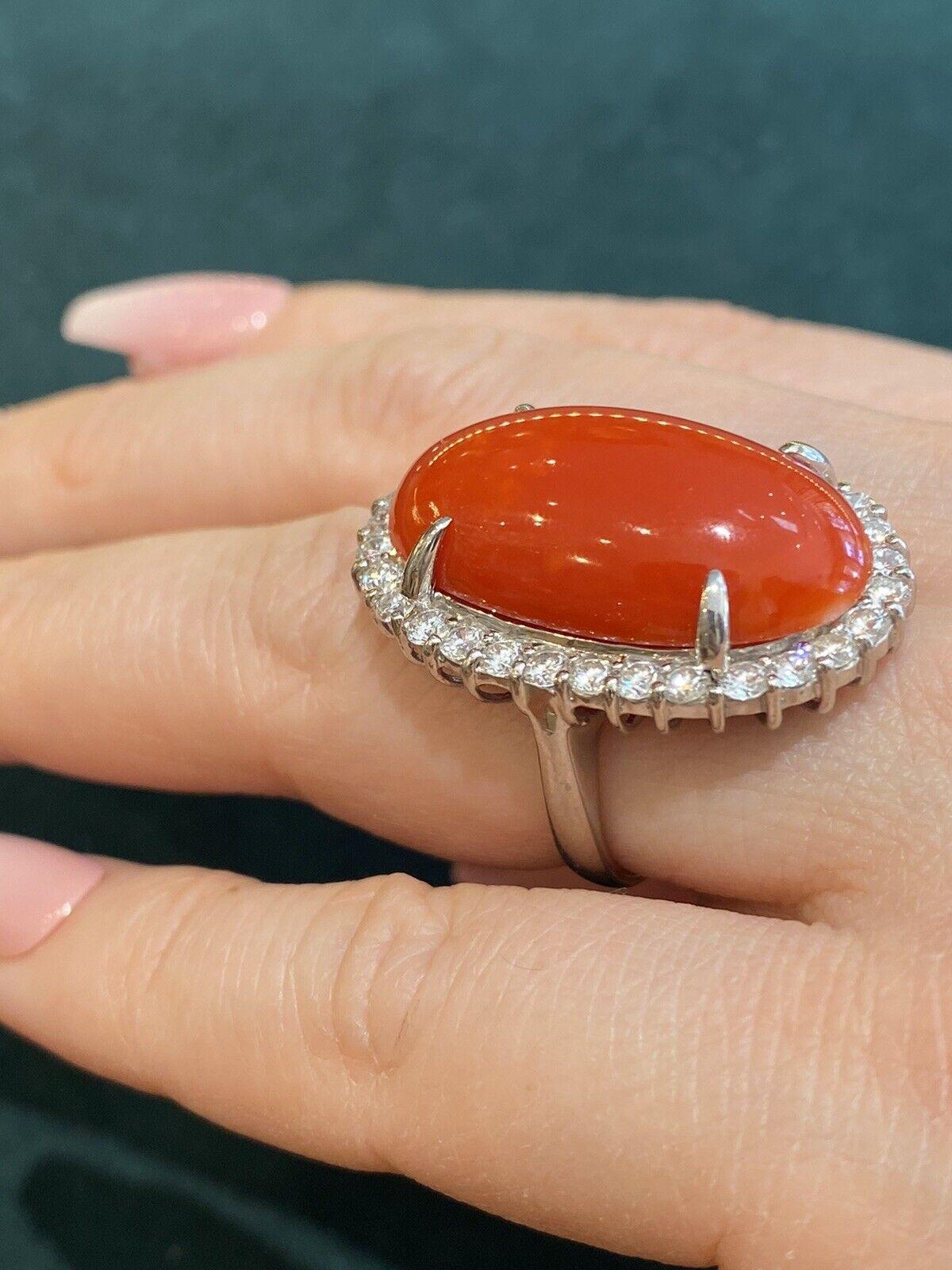 Estate 22.95 carats Red Coral and Diamond Large Cocktail Ring in Platinum For Sale 3
