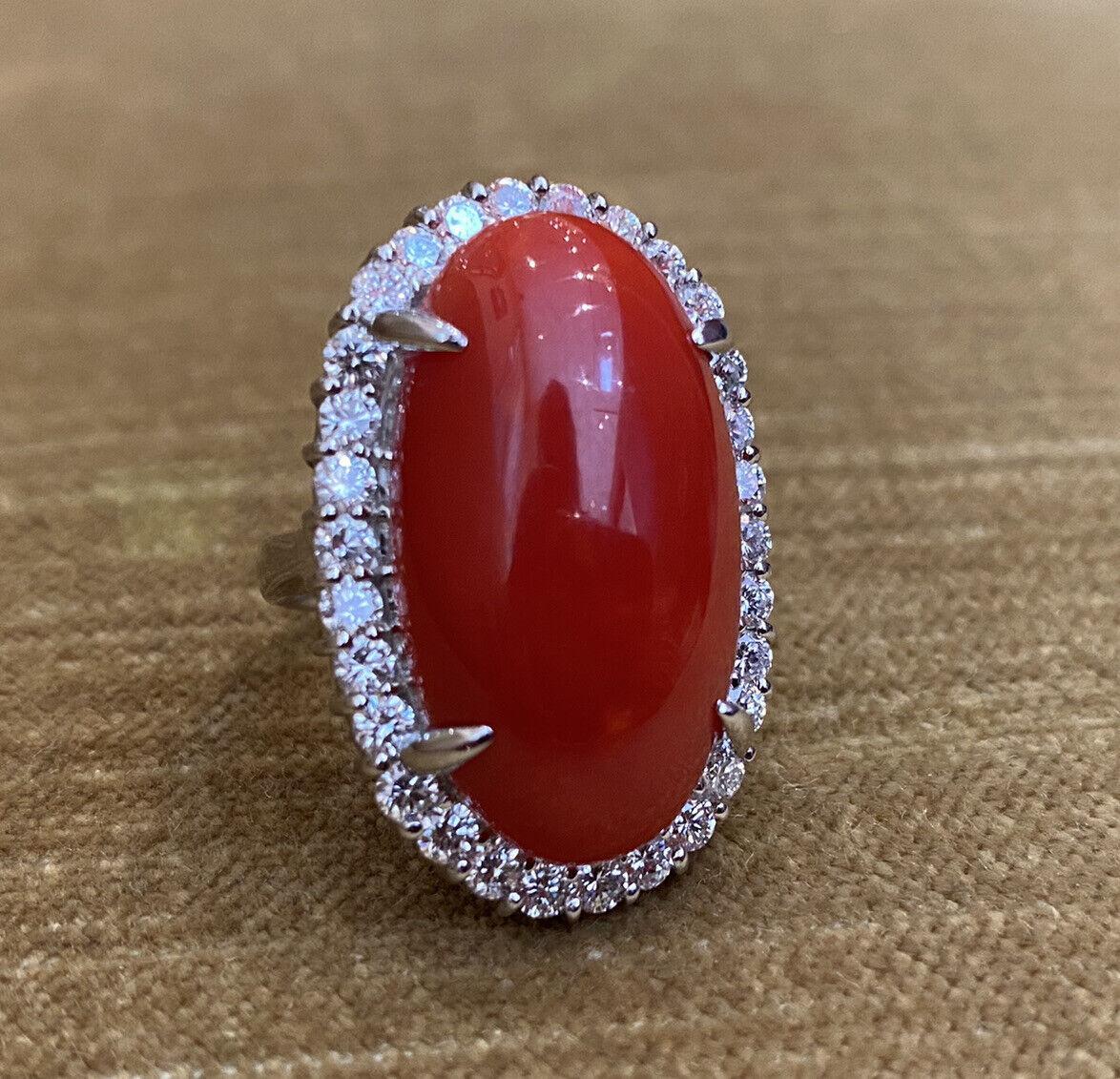 Estate 22.95 carats Red Coral and Diamond Large Cocktail Ring in Platinum For Sale 4
