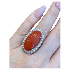 Estate 22.95 carats Red Coral and Diamond Large Cocktail Ring in Platinum