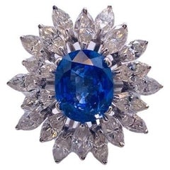 Antique Estate 2.3 Carat Sapphire and Marquise Diamond White Gold Ring