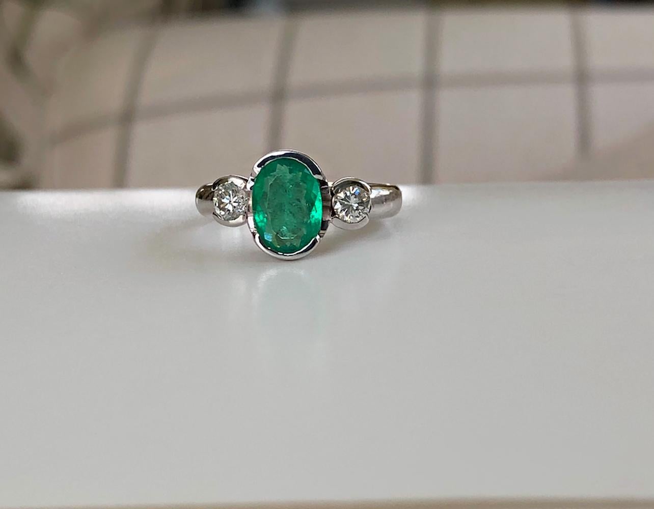 Estate Emerald and Diamond Engagement Ring Three-Stone  18K 6