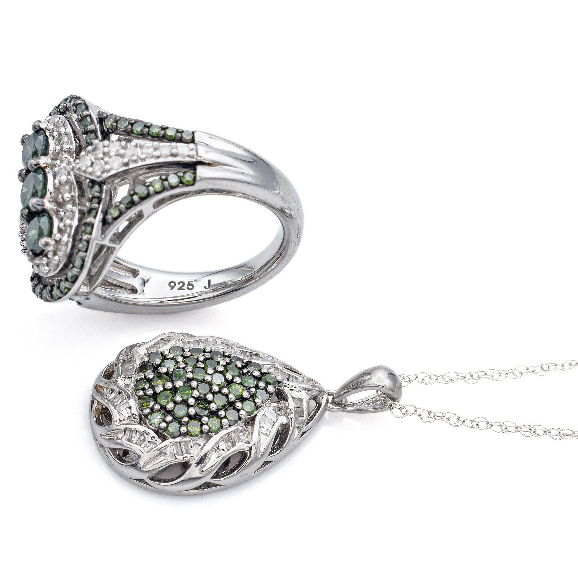 Estate 2.39TCW Green White Diamond Sterling Silver Pendant Necklace & Ring Set In Good Condition For Sale In New York, NY