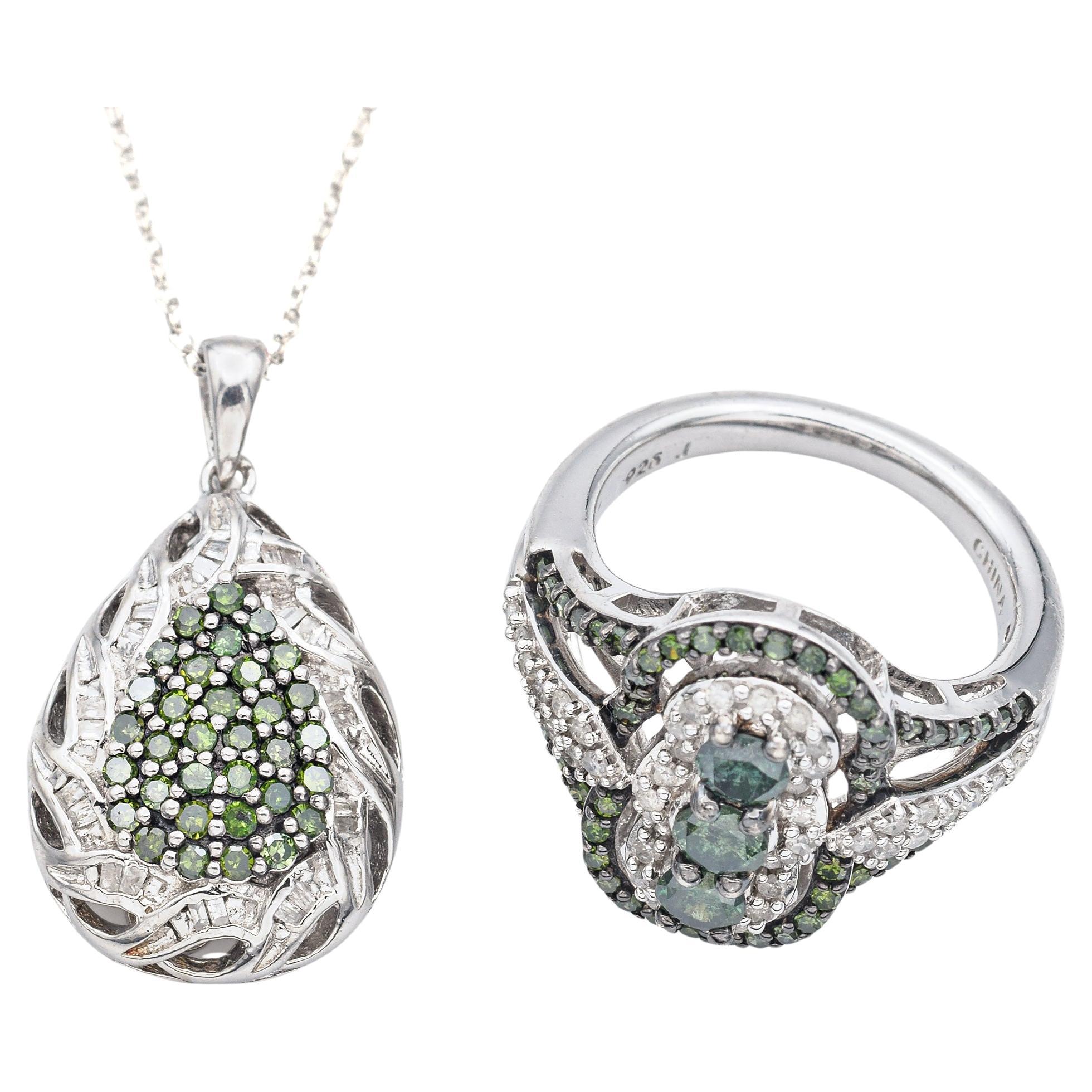 Estate 2.39TCW Green White Diamond Sterling Silver Pendant Necklace & Ring Set For Sale