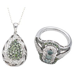 Estate 2.39TCW Green White Diamond Sterling Silver Pendant Necklace & Ring Set