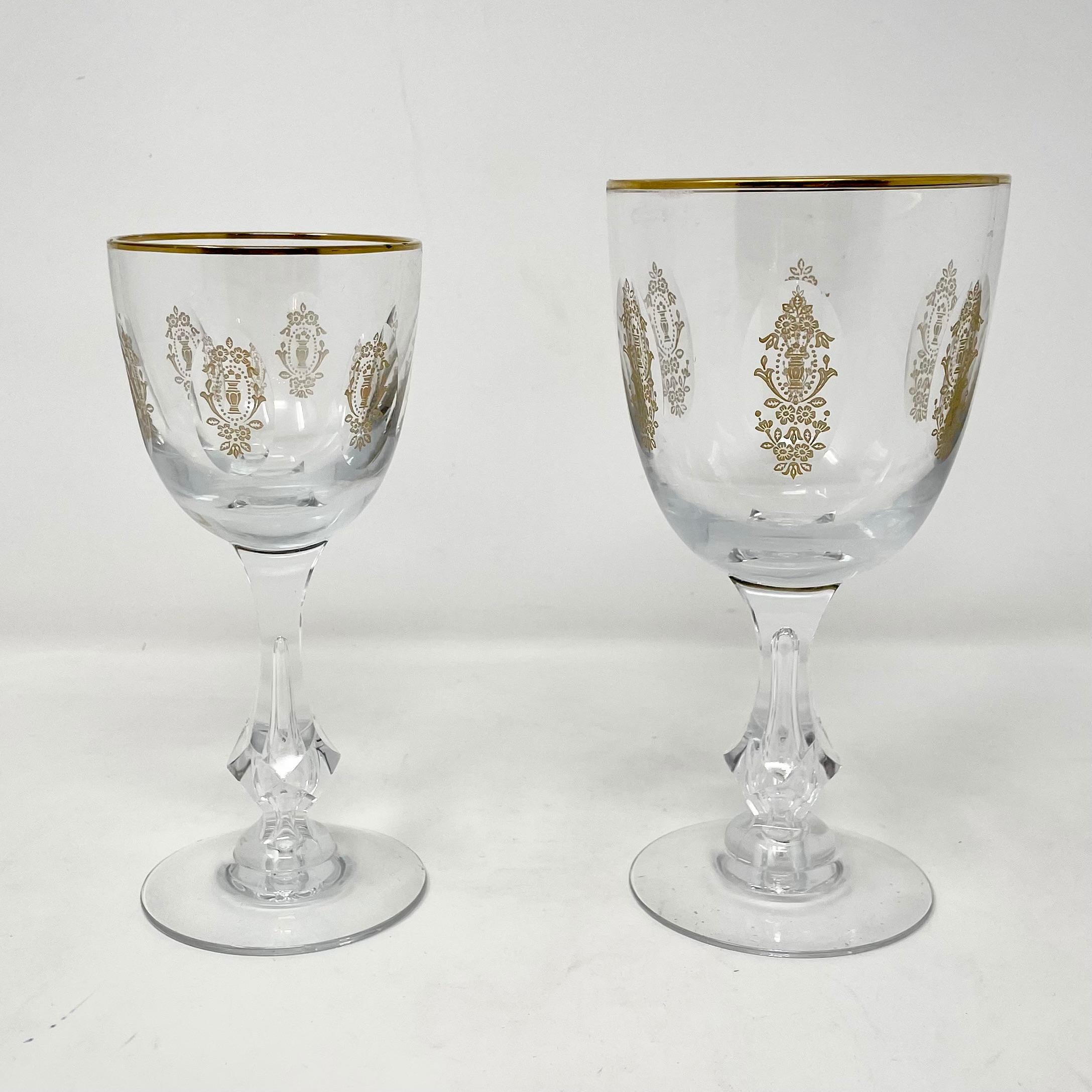 French Estate 24 Pce, Palais Versailles Tiffin Gold Etched Crystal Wine & Water Glasses