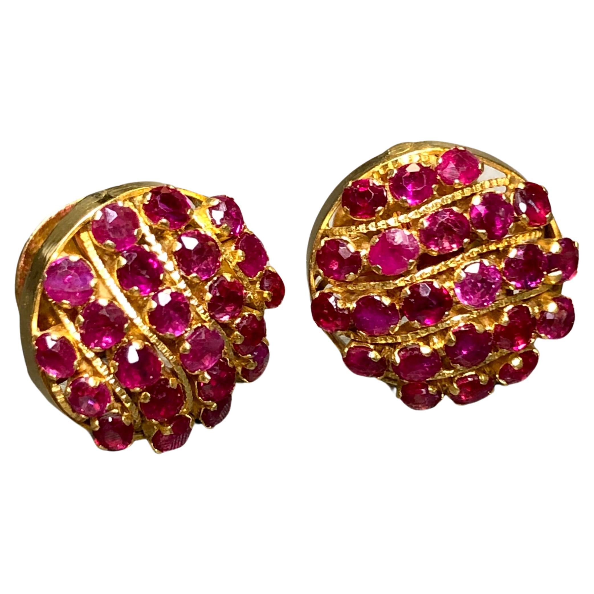 Estate 24K Round Cluster Ruby Stud Screwback Earrings 4cttw For Sale