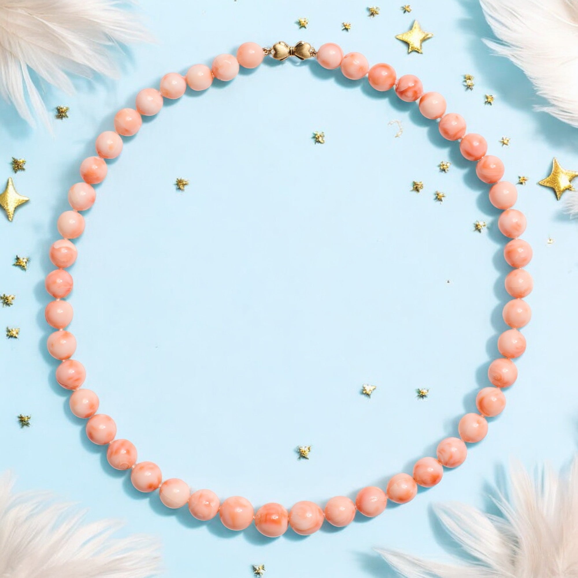 Estate 260 Carat Pink Angel Skin Coral Necklace in Yellow Gold For Sale