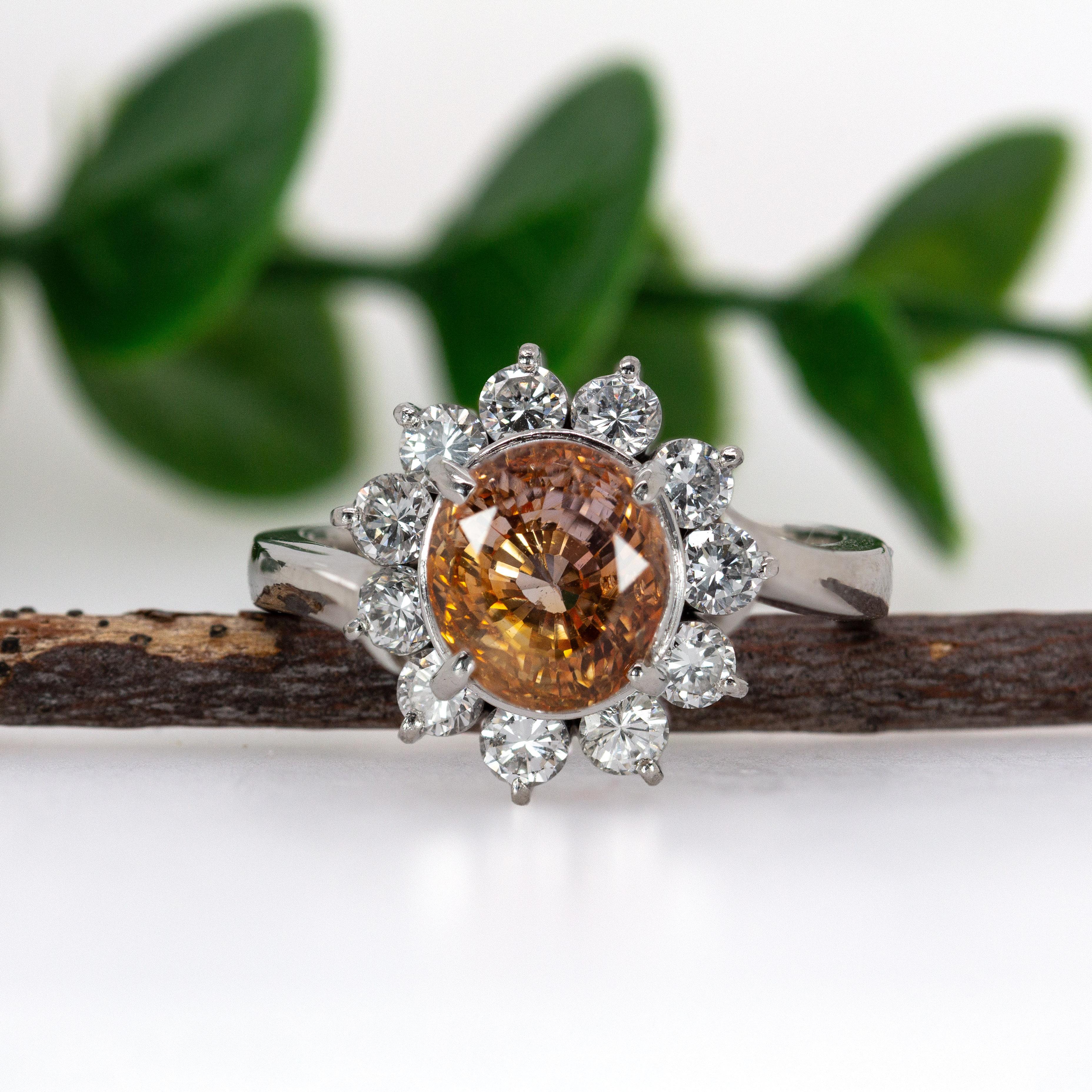 Art Deco Certified 2ct, 8x6mm Orange Sapphire & Natural Diamond Ring in 14K Solid Gold For Sale